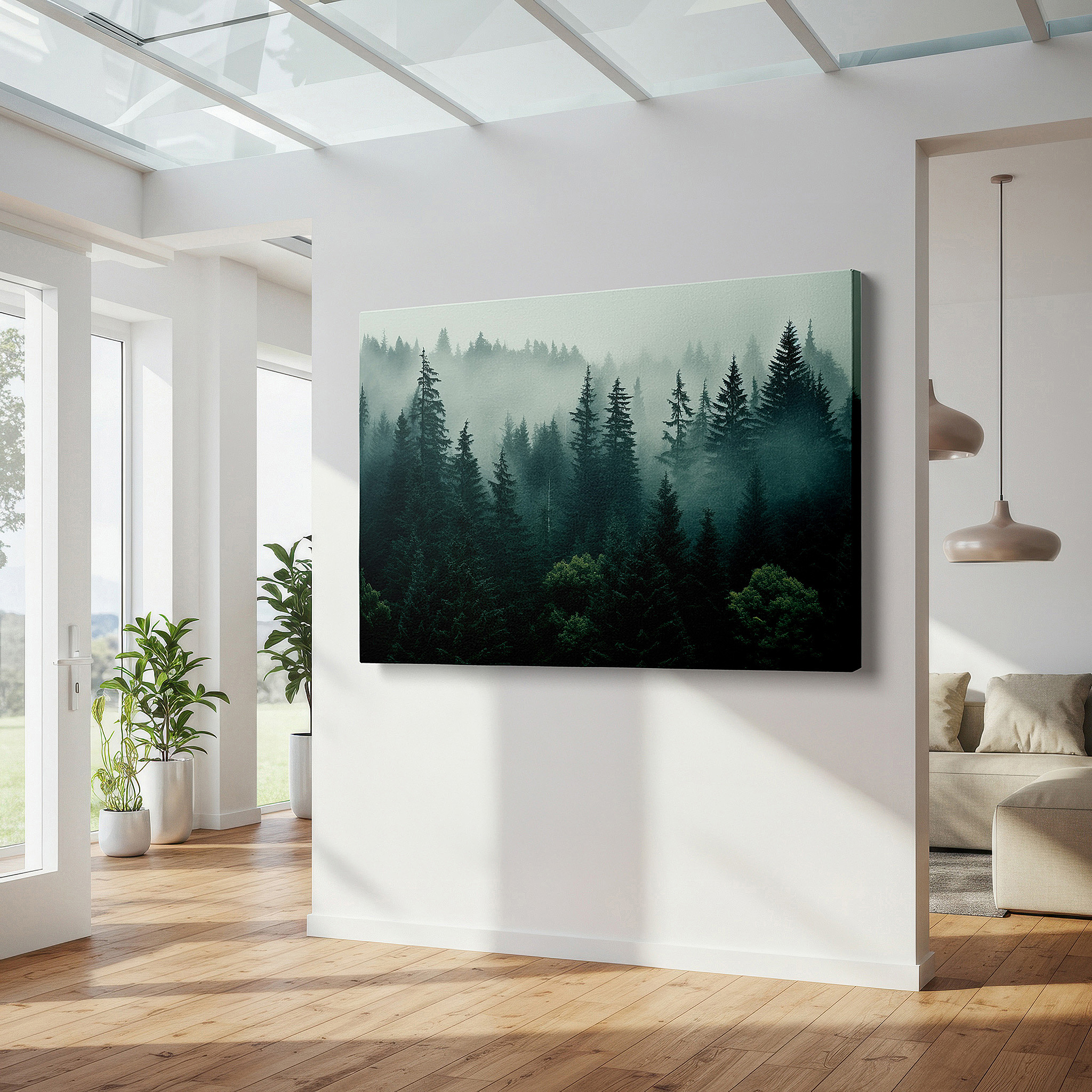 Back view reveals professional finishing and solid wood frame — enchanted evergreens in mist: a serene symphony of light and shadow - large wall art, canvas wall art, wall decor for office and bedroom