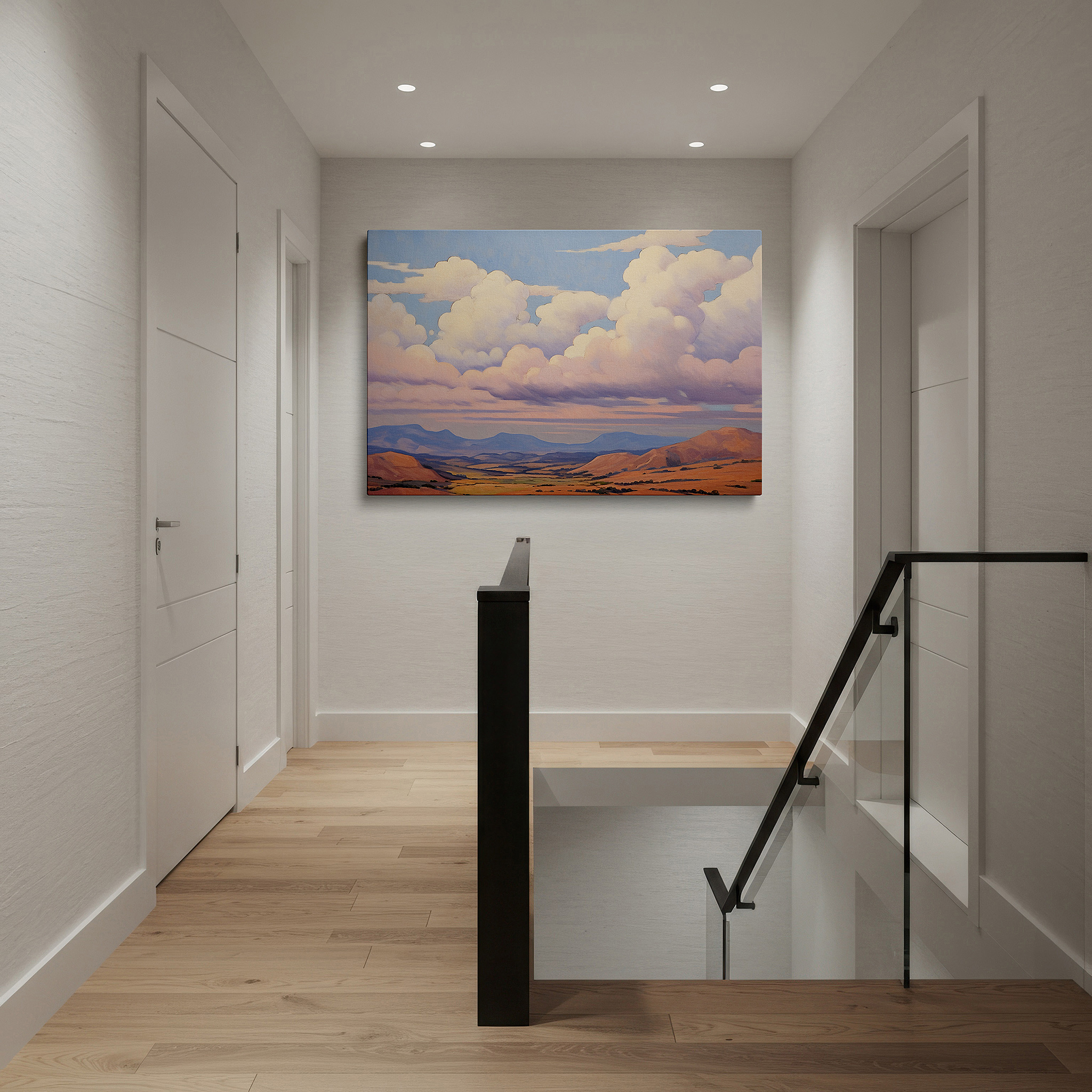 Back view reveals professional finishing and solid wood frame — ethereal clouds and gentle mountains tranquil landscape large wall art, canvas wall art, wall art decor for office, bedroom, and living spaces