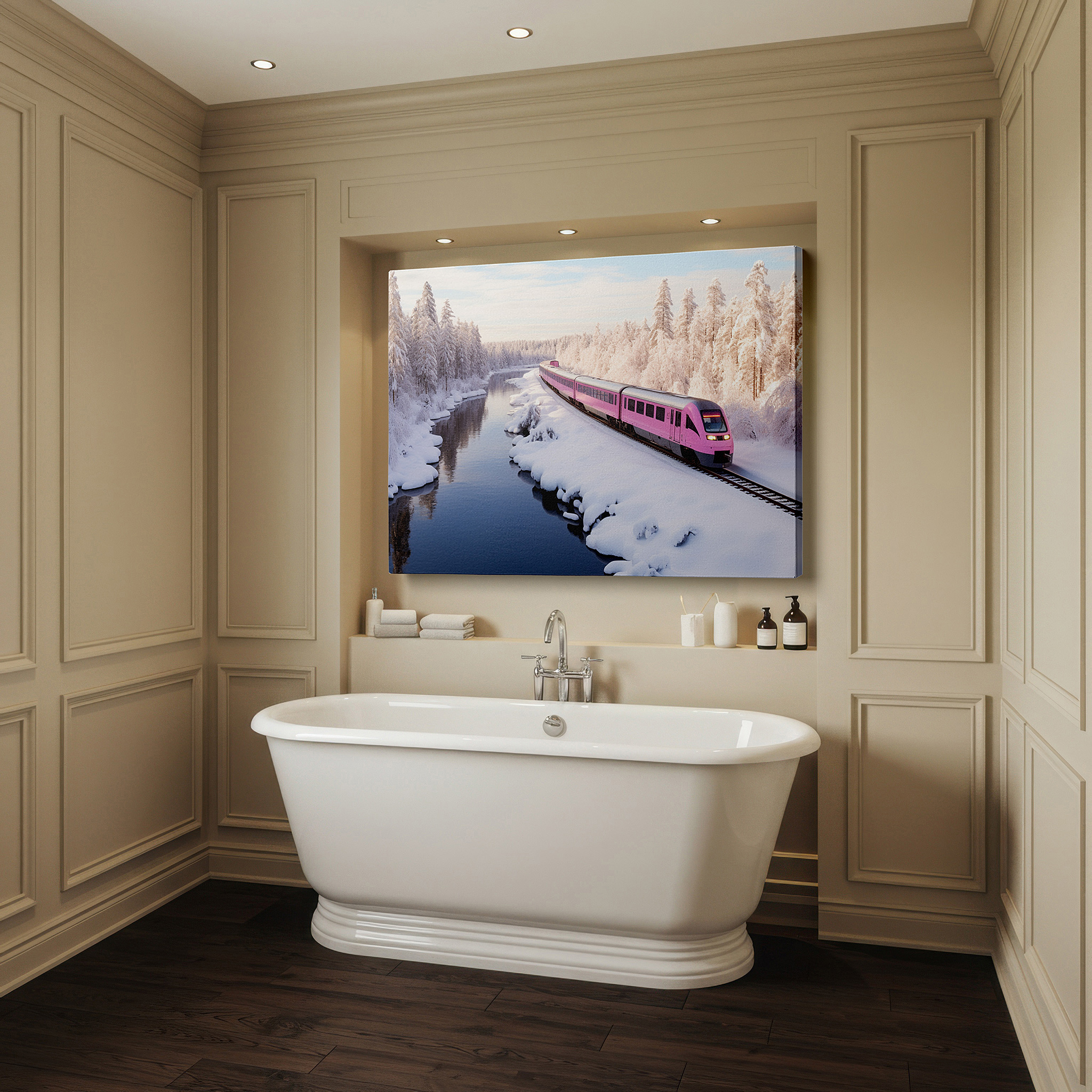 Back view reveals professional finishing and solid wood frame — explore a winter wonderland with a bright pink train: large canvas wall art for offices, bedrooms, and living rooms