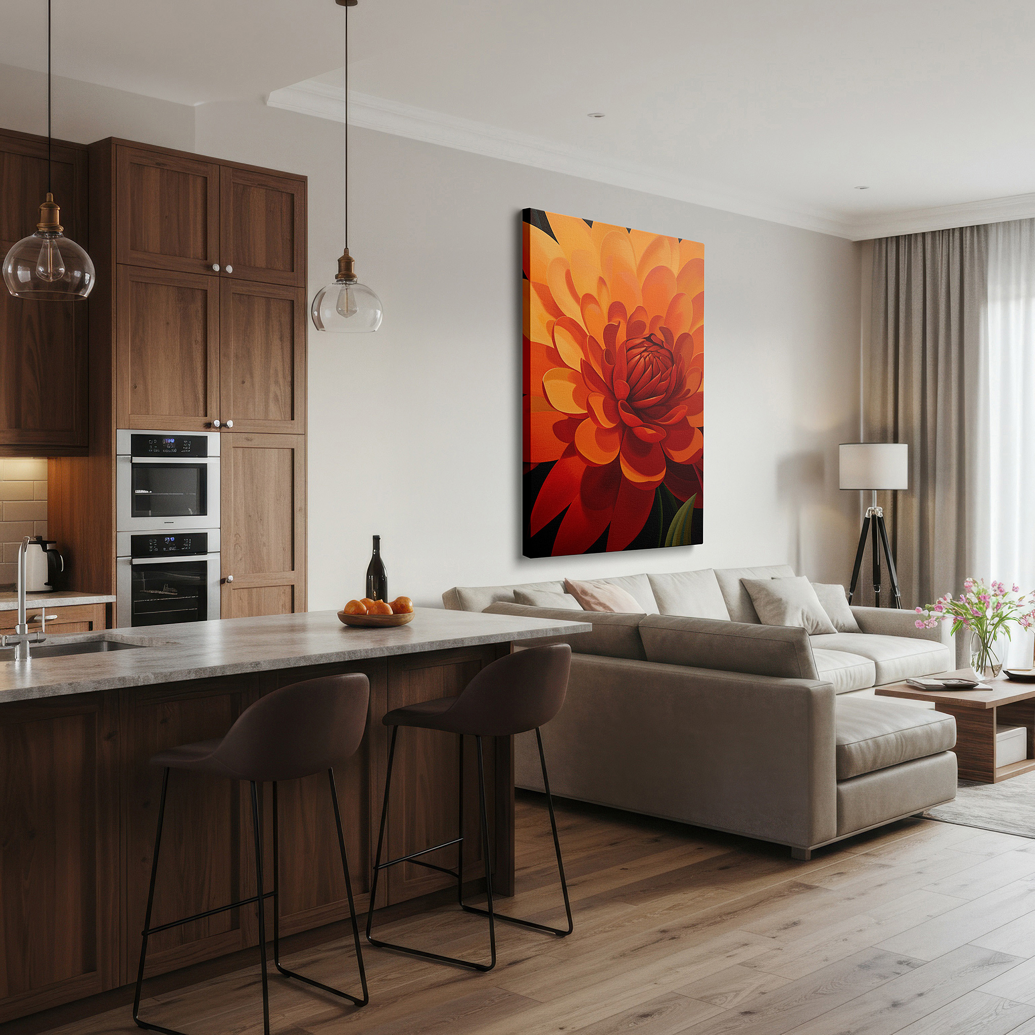 Back view reveals professional finishing and solid wood frame — exquisite orange flower artwork celebrating nature's beauty and detail - large canvas wall decor for offices