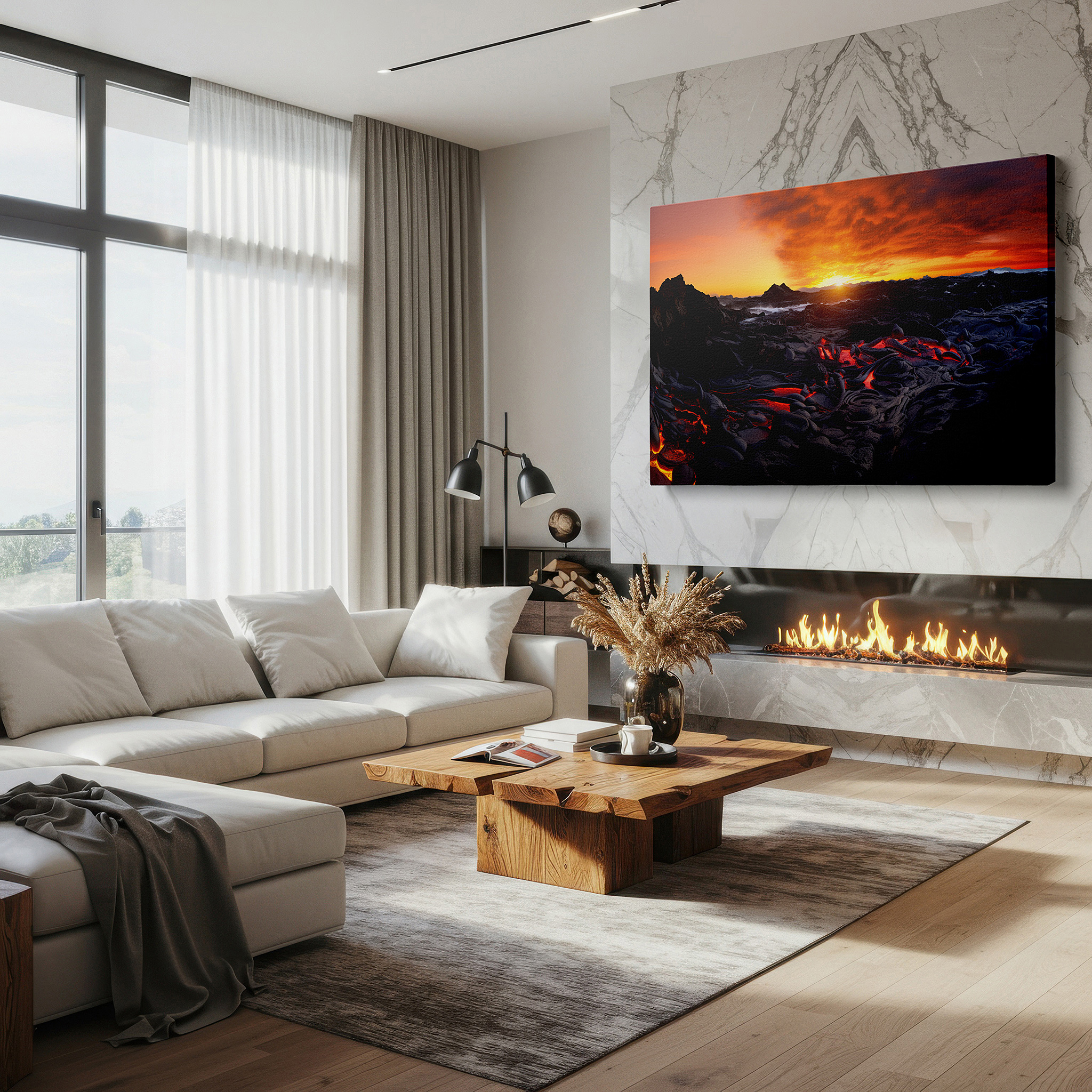 Back view reveals professional finishing and solid wood frame — fiery lava clashes with tranquil ocean at sunset - a striking display of nature's contrasts, large canvas wall art for home and office decor