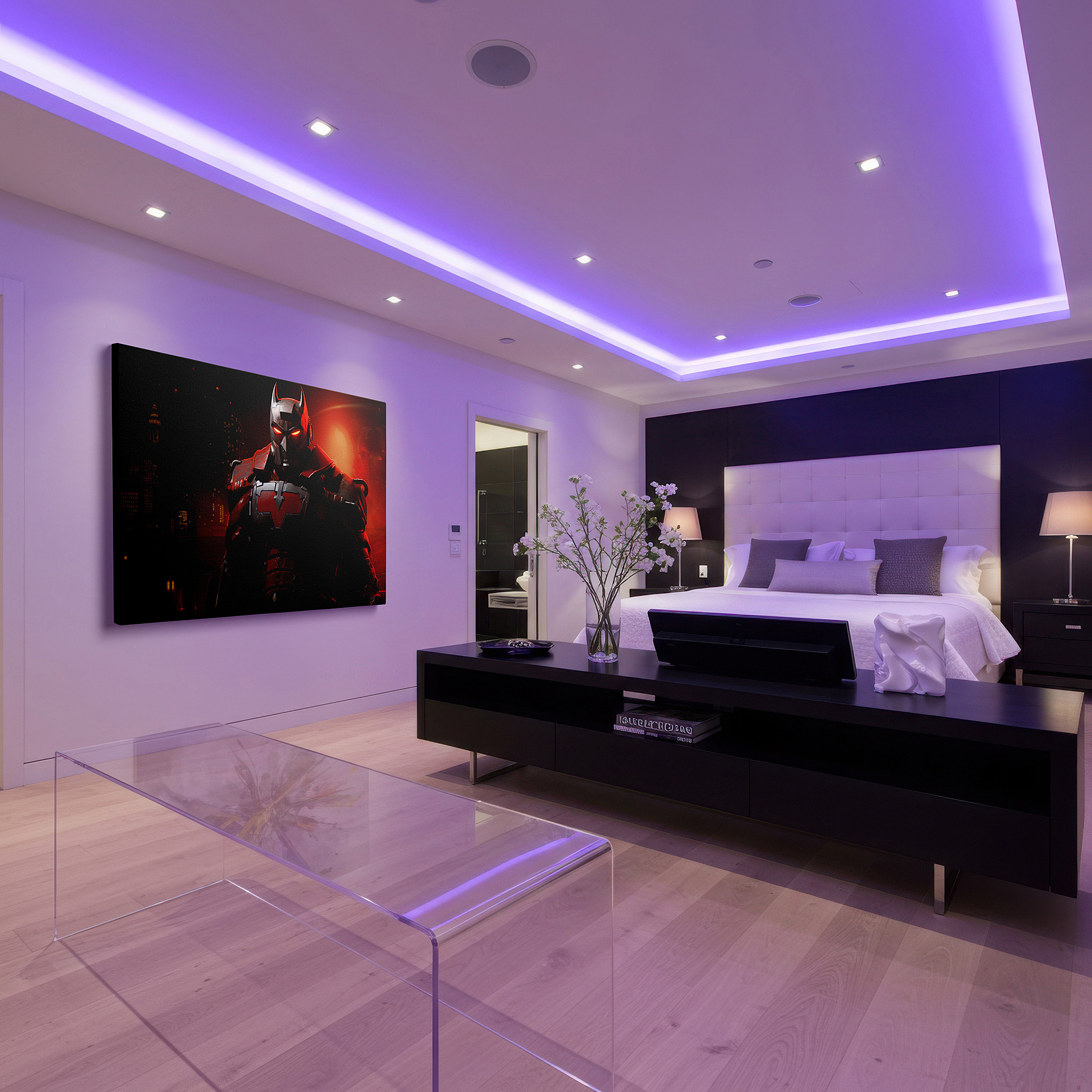 Back view reveals professional finishing and solid wood frame — futuristic robotic hero in urban shadows: a symbol of resilience and technological wonder - large wall art, canvas wall art, wall decor for office