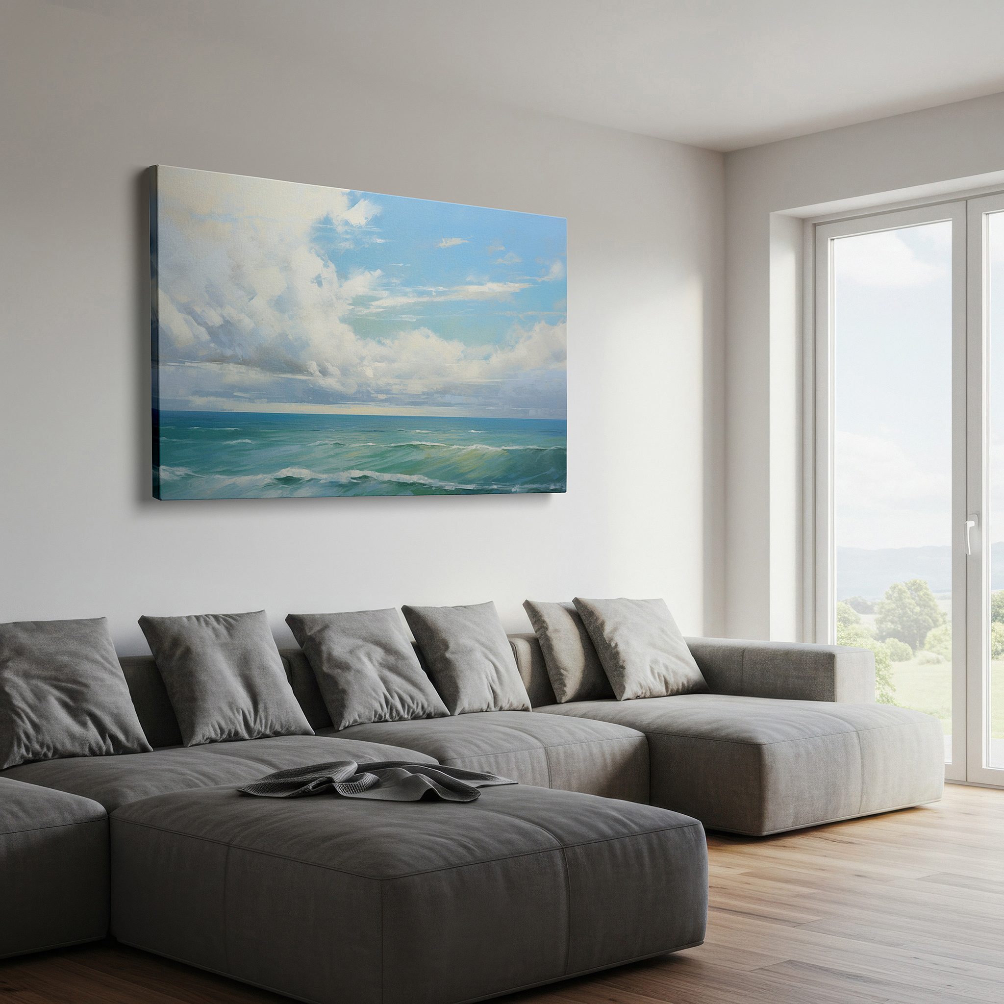 Back view reveals professional finishing and solid wood frame — gentle waves caressing the sandy shore beneath a radiant sky - large wall art, canvas wall art, wall decor for office, bedroom, and living room