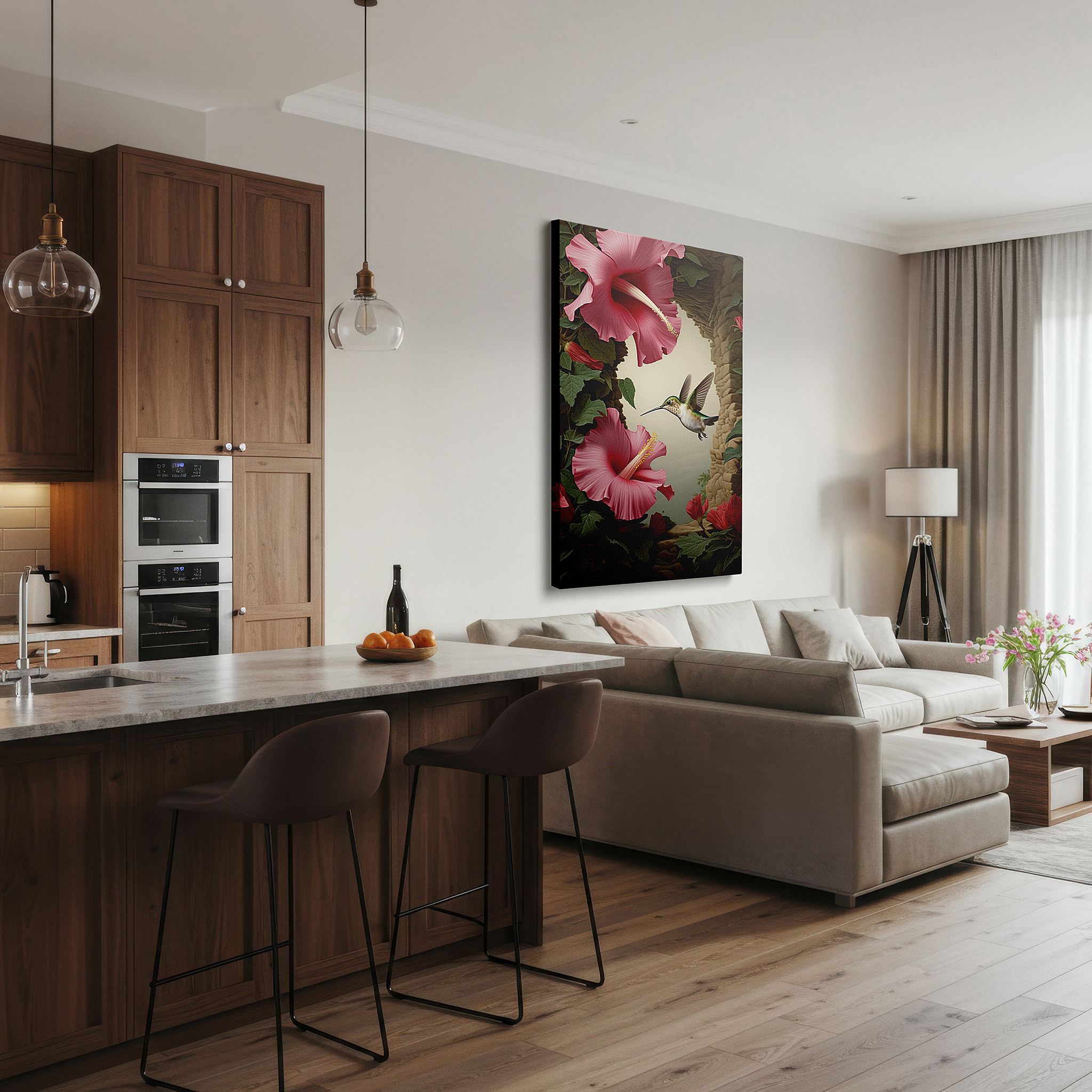 Back view reveals professional finishing and solid wood frame — graceful hummingbird hovering over vibrant hibiscus flowers - large canvas wall art for office, bedroom, and living room decor