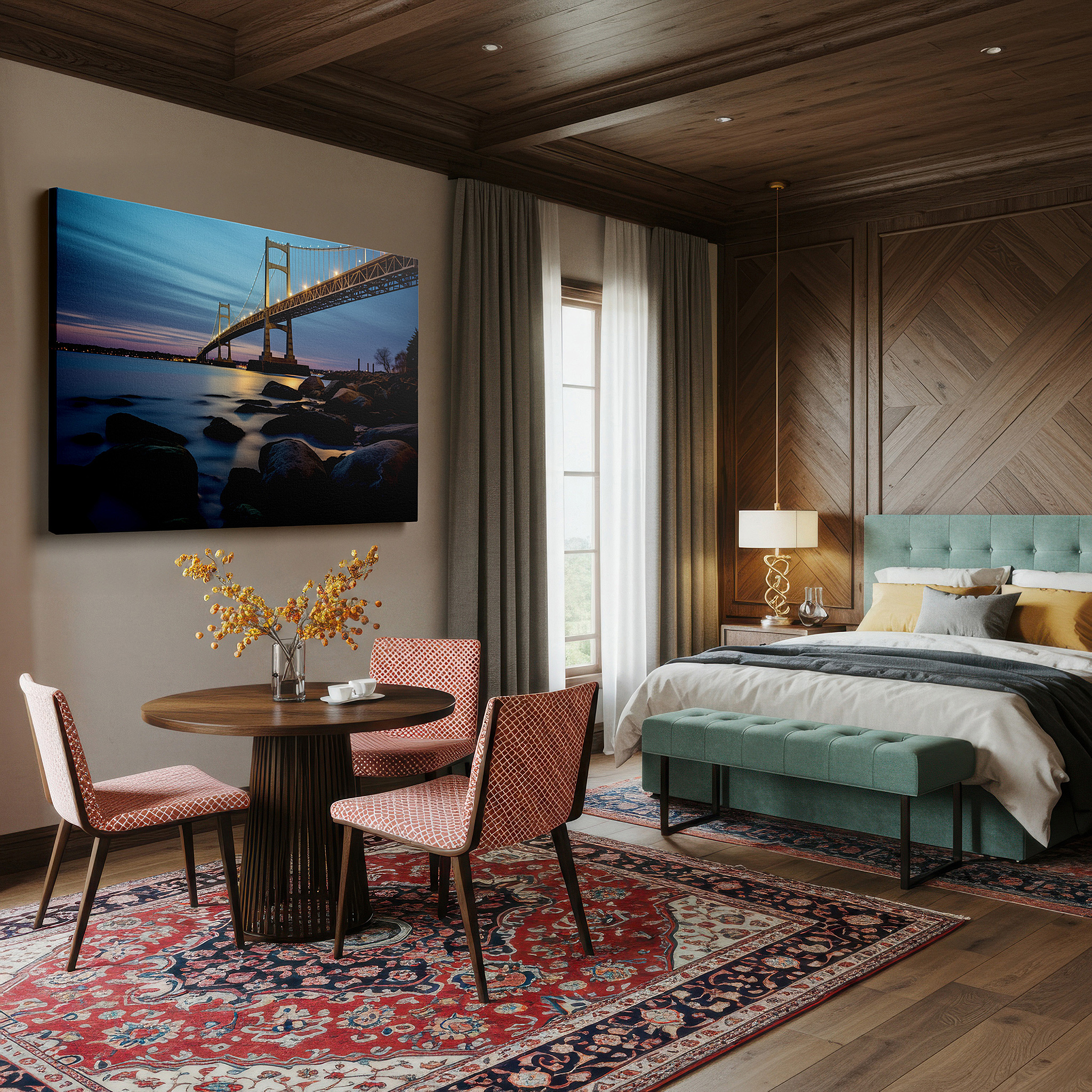 Back view reveals professional finishing and solid wood frame — grand bridge over serene waters illuminated by golden lights under a nocturnal sky large wall art, canvas wall art, wall decor, office decor