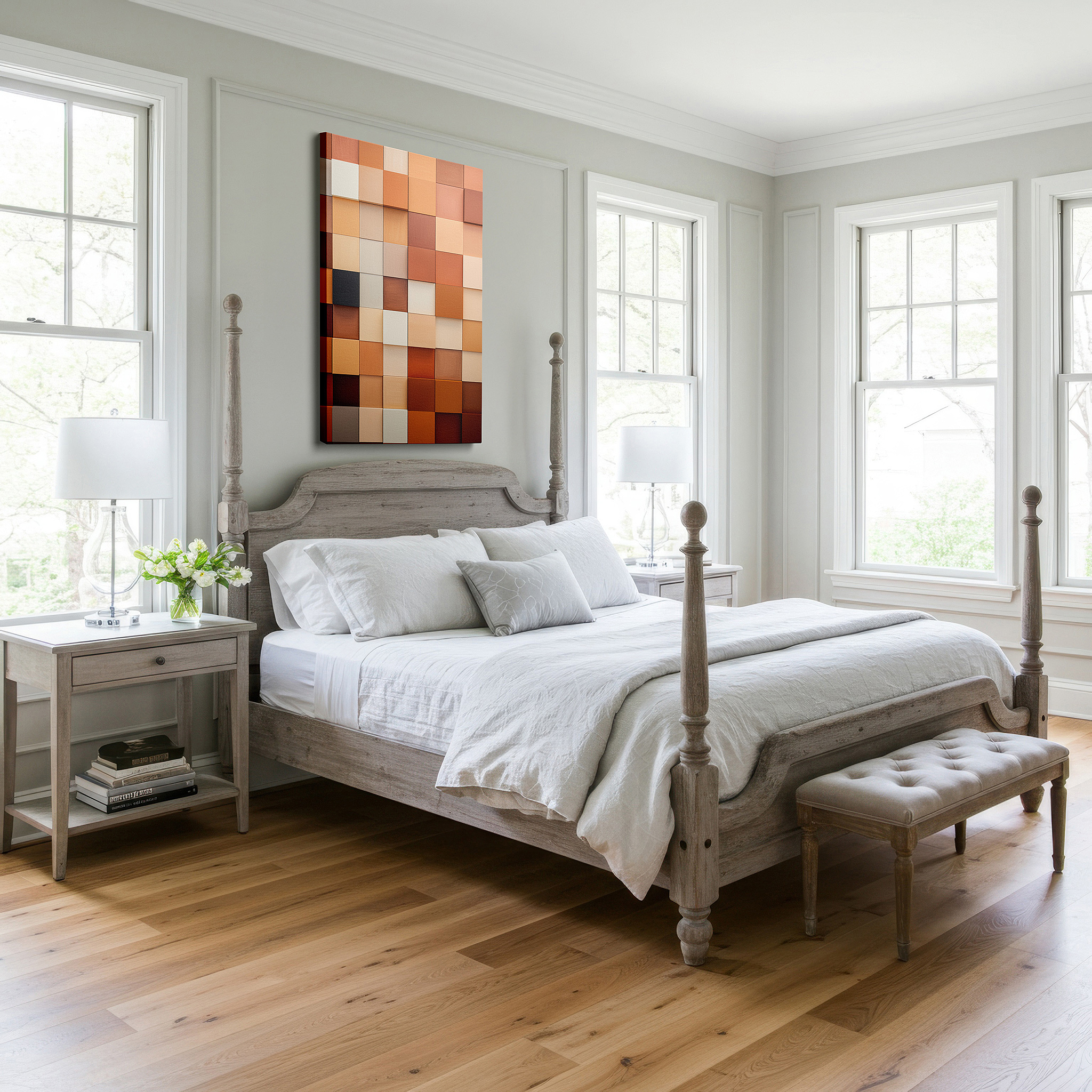 Back view reveals professional finishing and solid wood frame — a harmony of cozy hues in paint swatches, inspiring relaxation and innovation: large wall art, canvas wall art, wall decor, office wall art, bedroom wall art