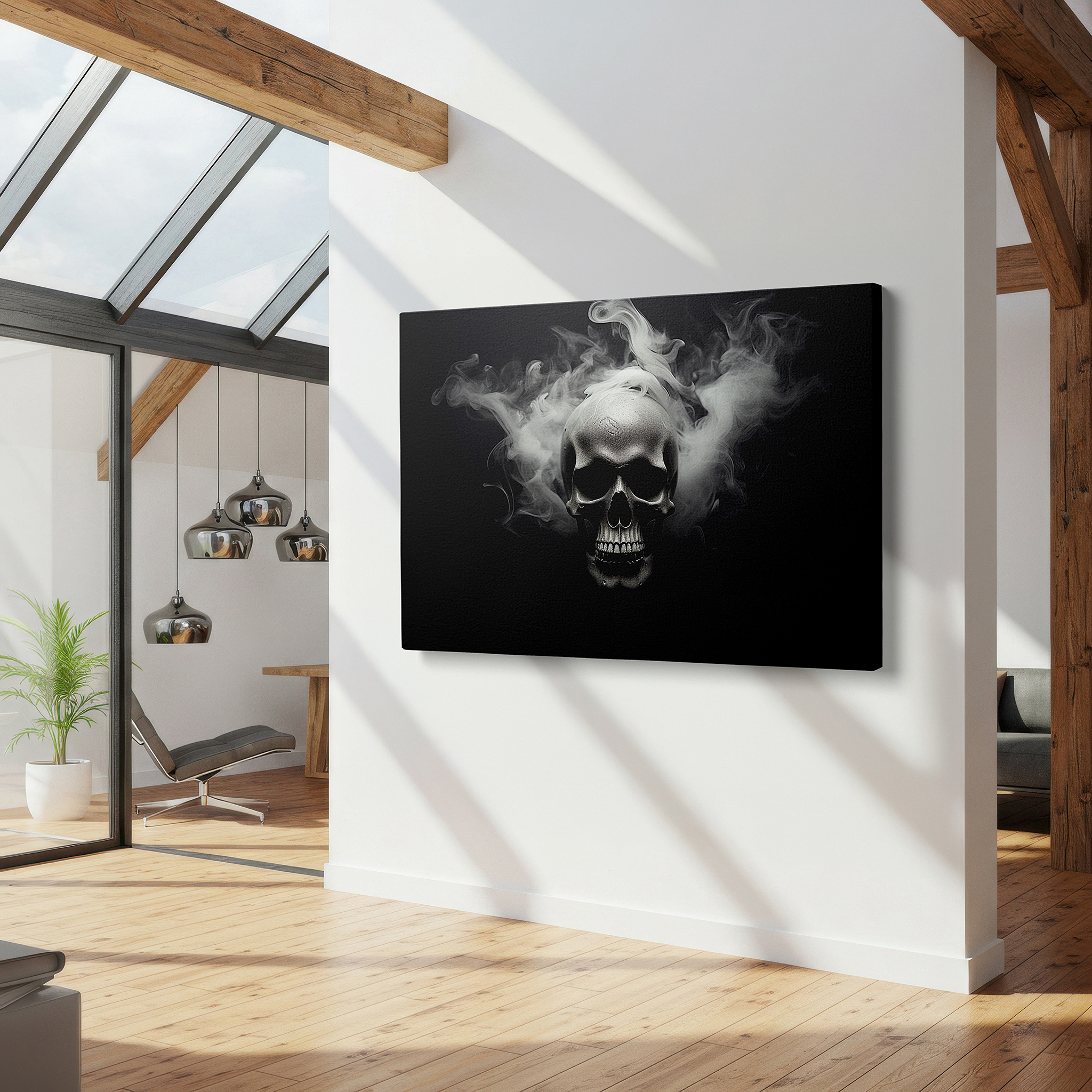Back view reveals professional finishing and solid wood frame — metallic skull emerging from the abyss surrounded by swirling smoke: a meditation on mortality and time - large canvas wall art for home and office decor
