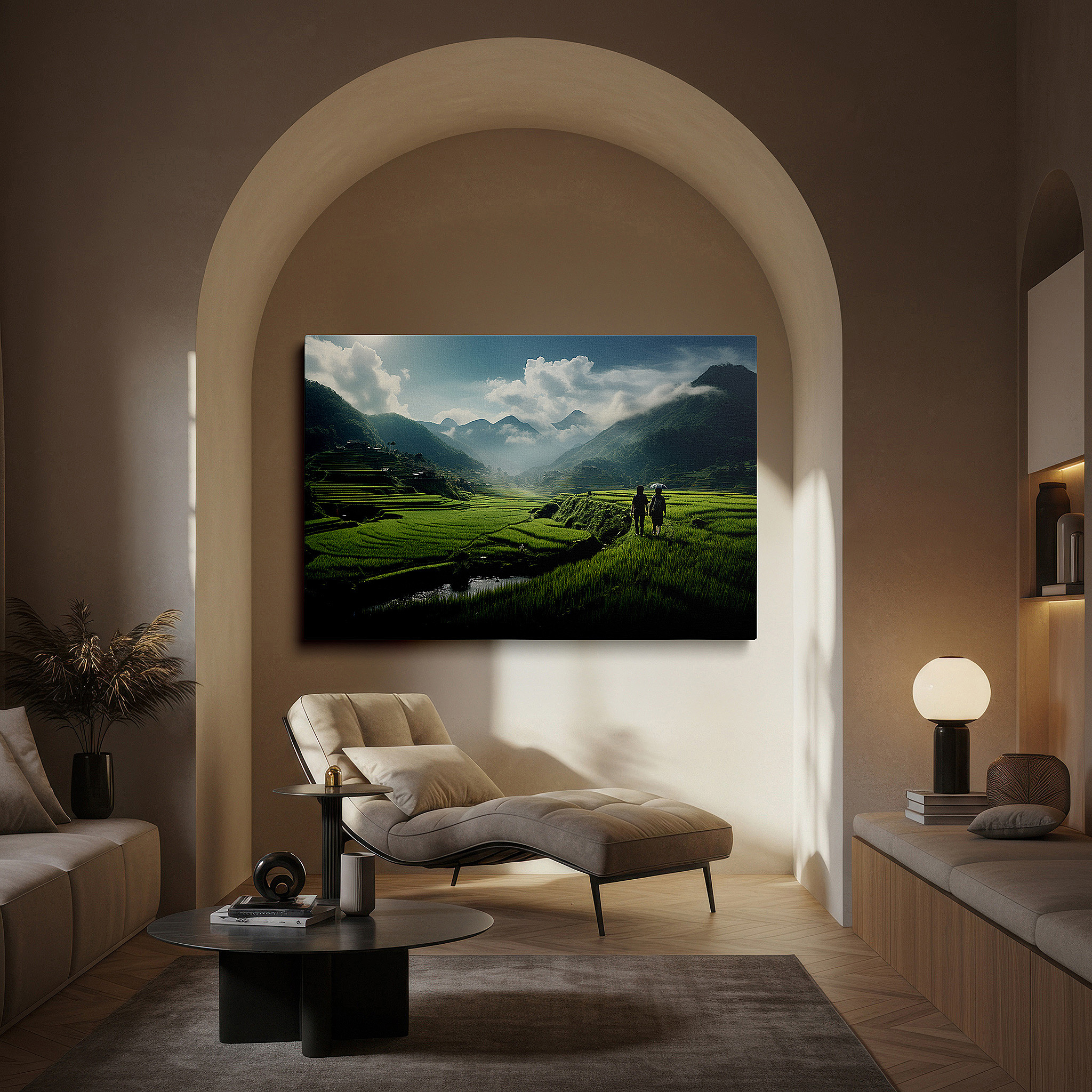 Back view reveals professional finishing and solid wood frame — misty mountains and lush rice terraces serene journey large wall art, canvas wall art, wall decor for office and bedroom