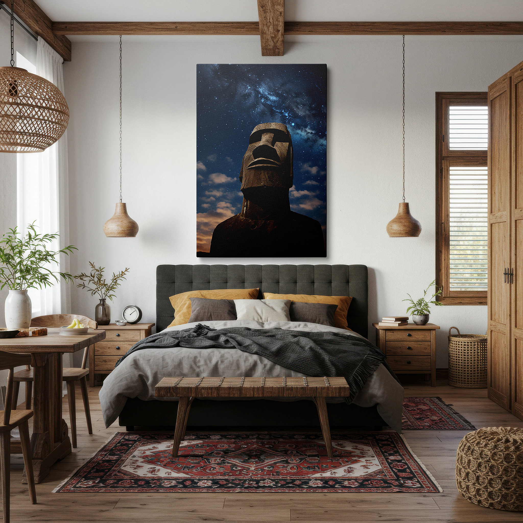 Back view reveals professional finishing and solid wood frame — moai statue beneath a starlit sky: a celestial dance of ancient mystique and cosmic wonder - large wall art, canvas wall art, wall decor for office
