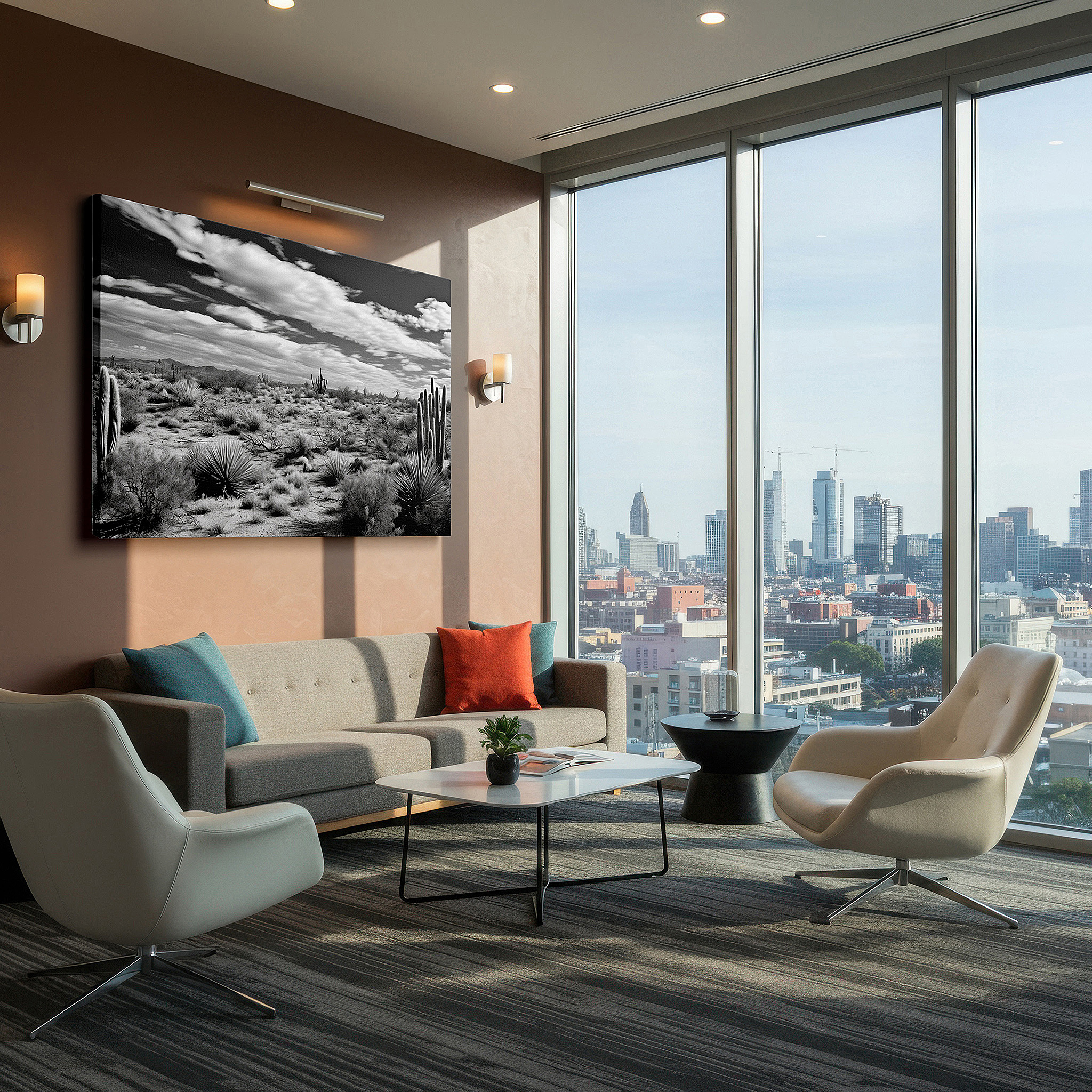 Back view reveals professional finishing and solid wood frame — monochrome serene desert landscape with cacti large canvas wall art for office, bedroom, and living room decor