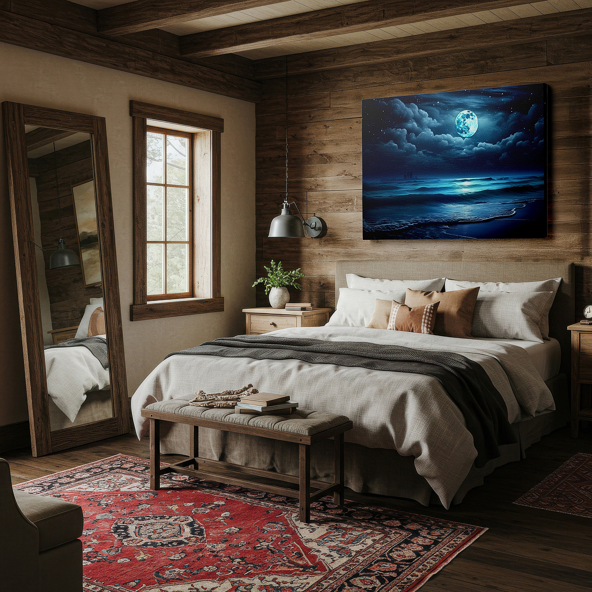 Back view reveals professional finishing and solid wood frame — moonlit seascape: serene glow of a tranquil ocean under starry skies - large canvas wall art for office and bedroom decor