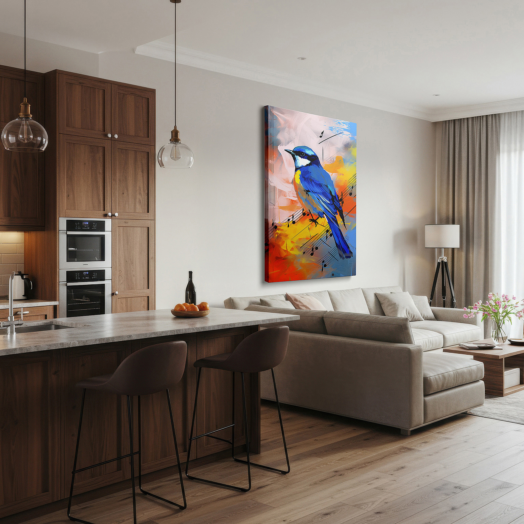 Back view reveals professional finishing and solid wood frame — nature's serene melody: blue bird on swirling musical notes - large canvas wall art for office and bedroom decor