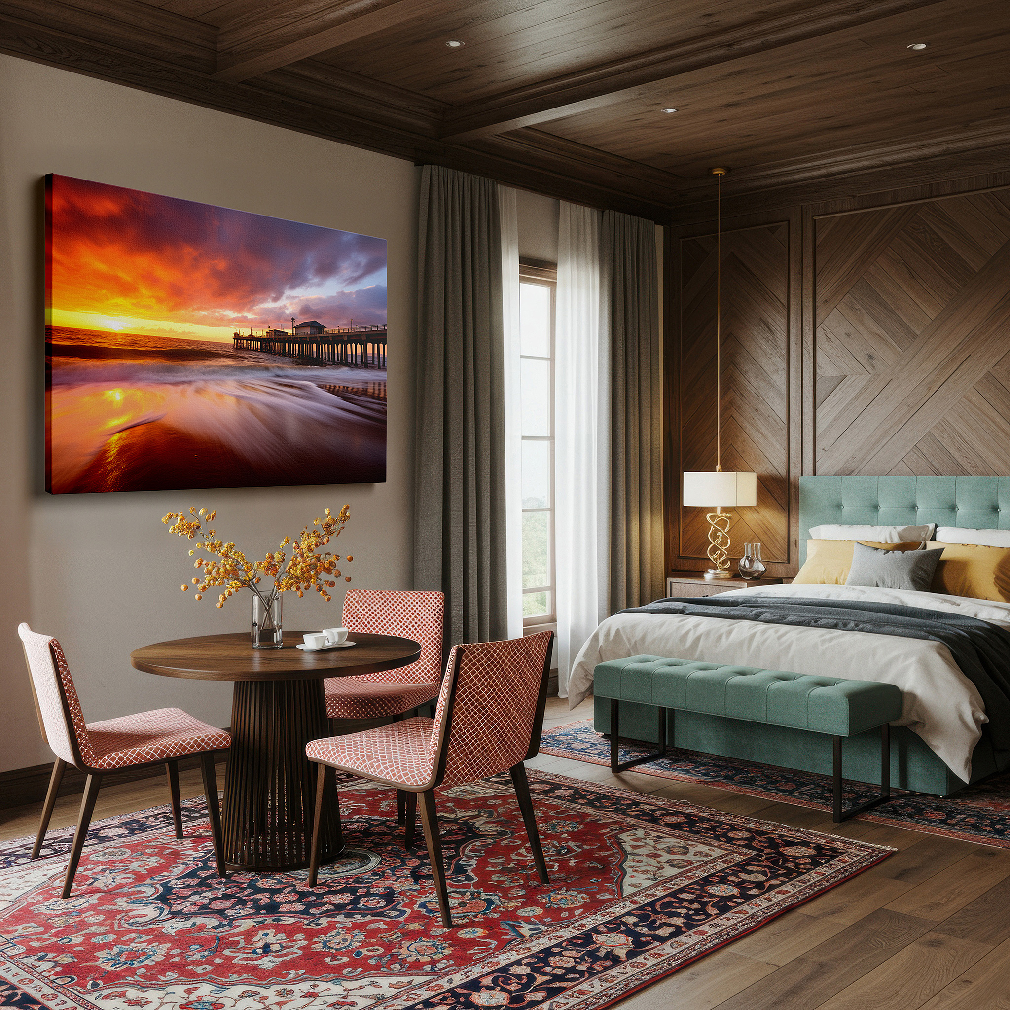Back view reveals professional finishing and solid wood frame — ocean pier sunset serenade: large canvas wall art featuring golden sands and gentle waves, ideal for office wall decor