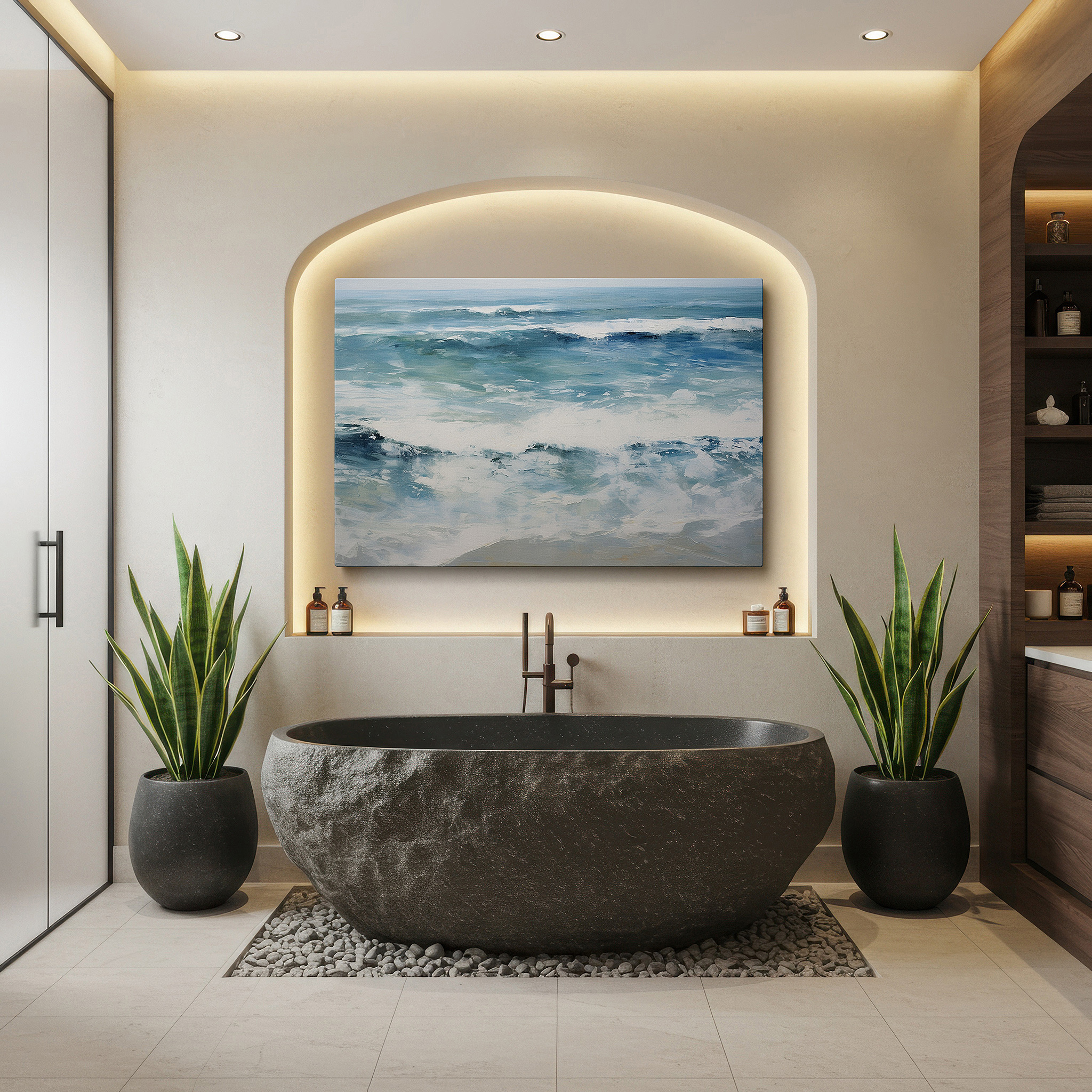 Back view reveals professional finishing and solid wood frame — ocean's majesty: vibrant waves and tranquil blues in harmonious display - large canvas wall art for office decor
