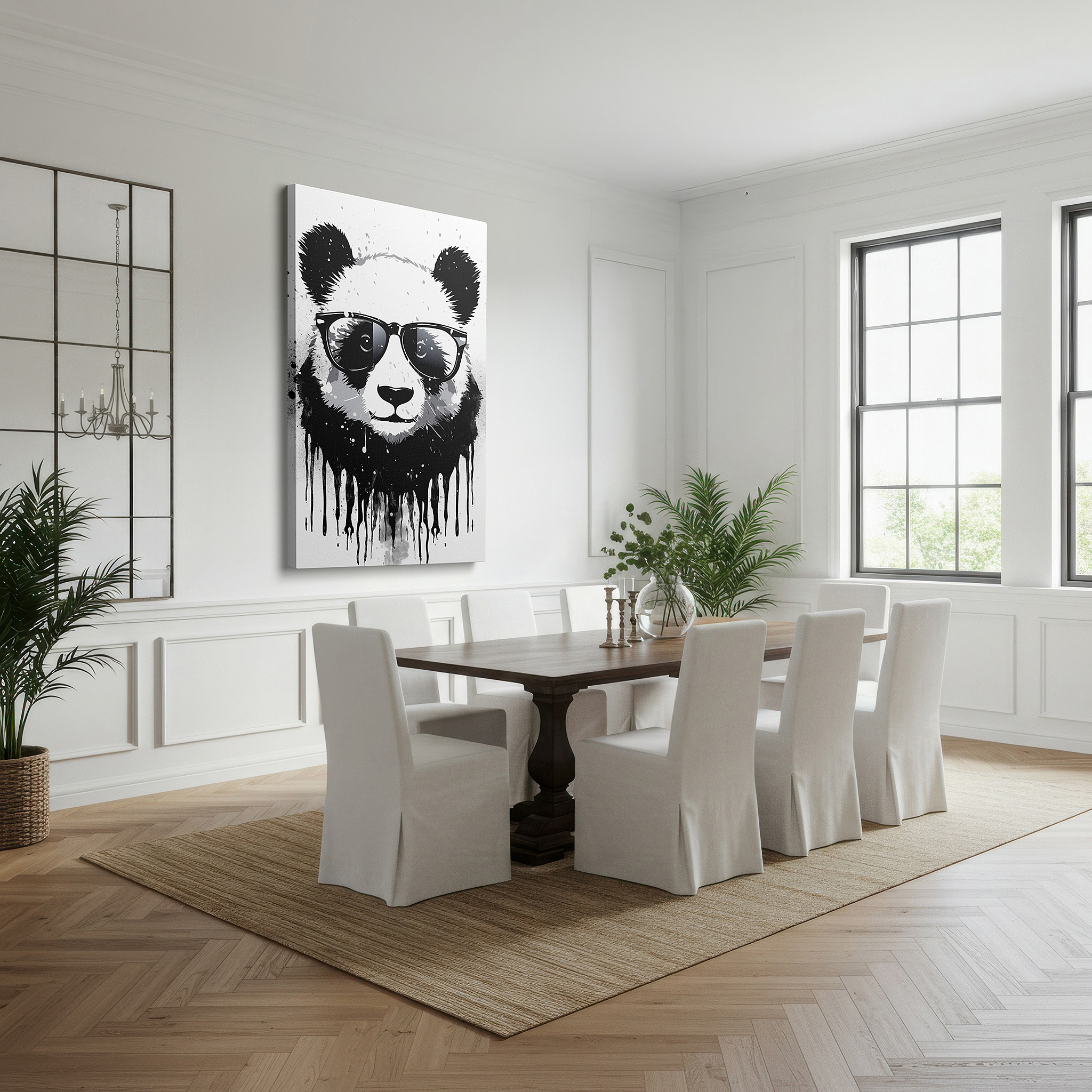 Back view reveals professional finishing and solid wood frame — panda in sunglasses canvas print with vibrant ink splashes, ideal for office, bedroom, and living room decor