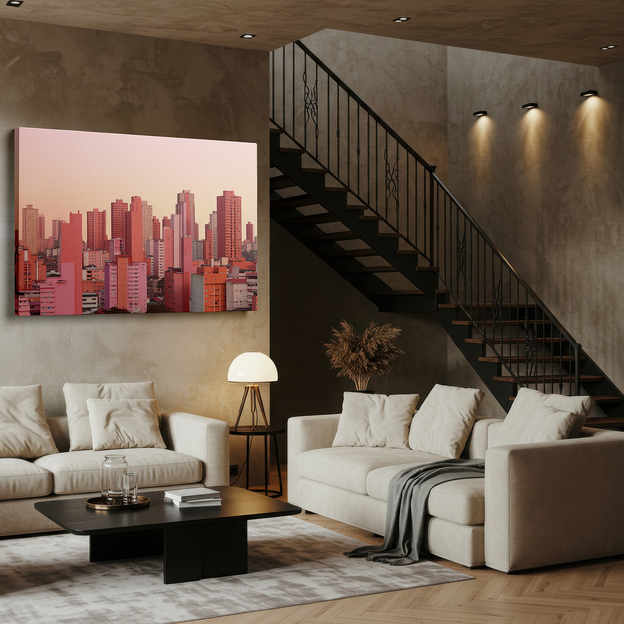 Back view reveals professional finishing and solid wood frame — pink-hued sunset skyline: urban elegance, tranquil city strength and twilight serenity - large canvas wall art decor