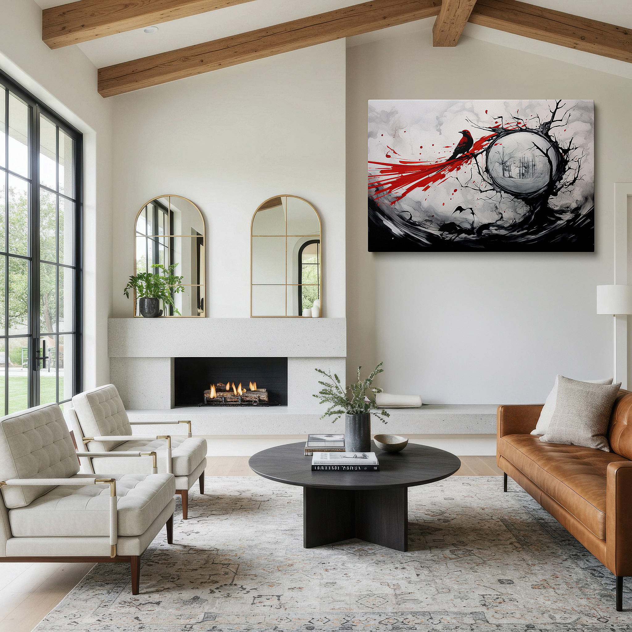 Back view reveals professional finishing and solid wood frame — the scarlet bird on a twisted black tree: a symbol of resilience and beauty amid surreal swirling clouds, large canvas wall art