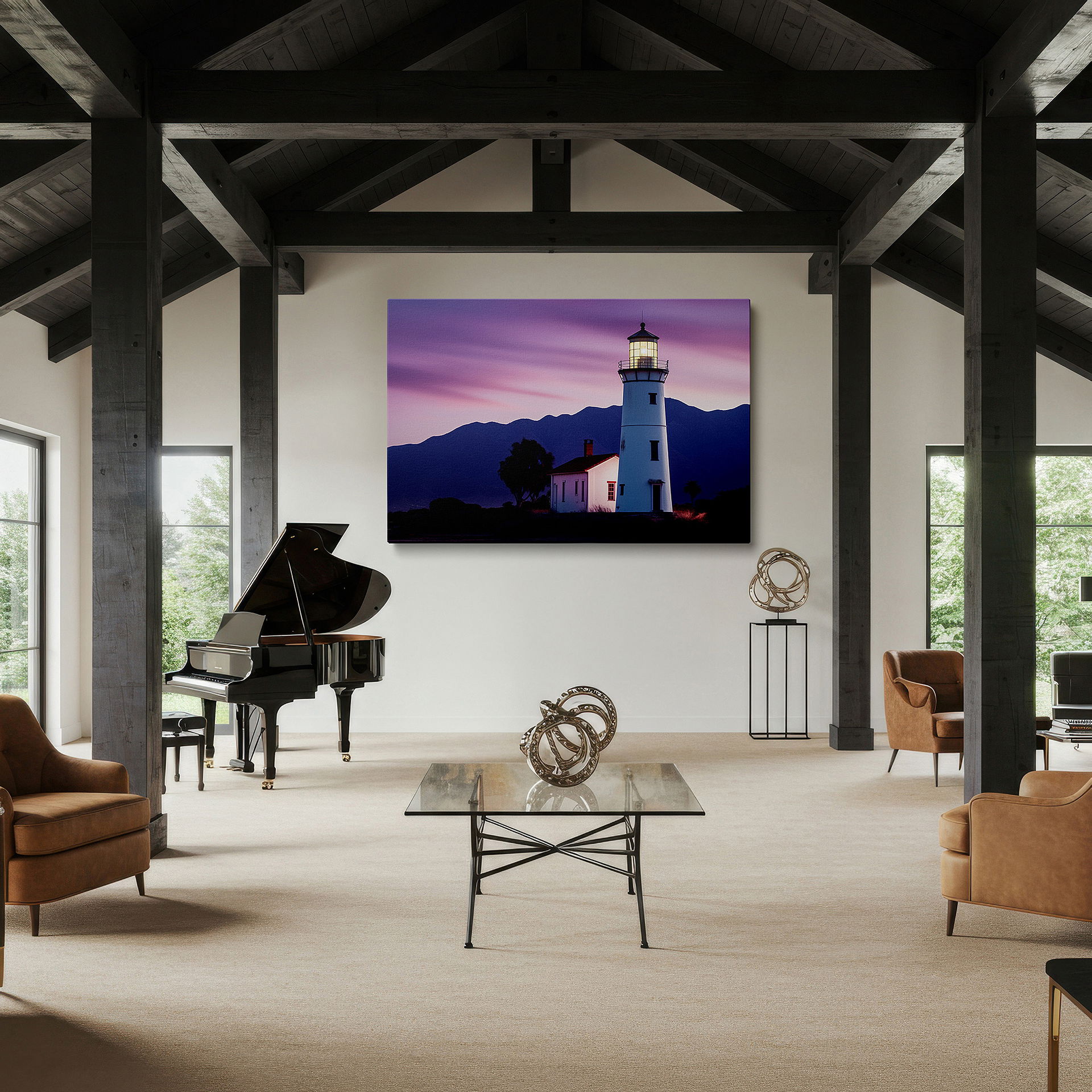 Back view reveals professional finishing and solid wood frame — serene coastal lighthouse at dusk - majestic cliffs and sunset colors large wall art, canvas wall decor, office wall art