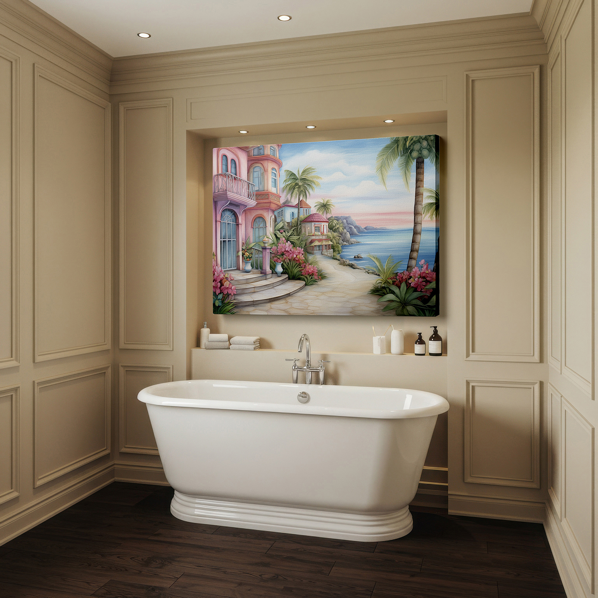 Back view reveals professional finishing and solid wood frame — serene coastal pathway canvas art featuring lush tropical greenery and charming island homes - perfect for office or bedroom wall decor
