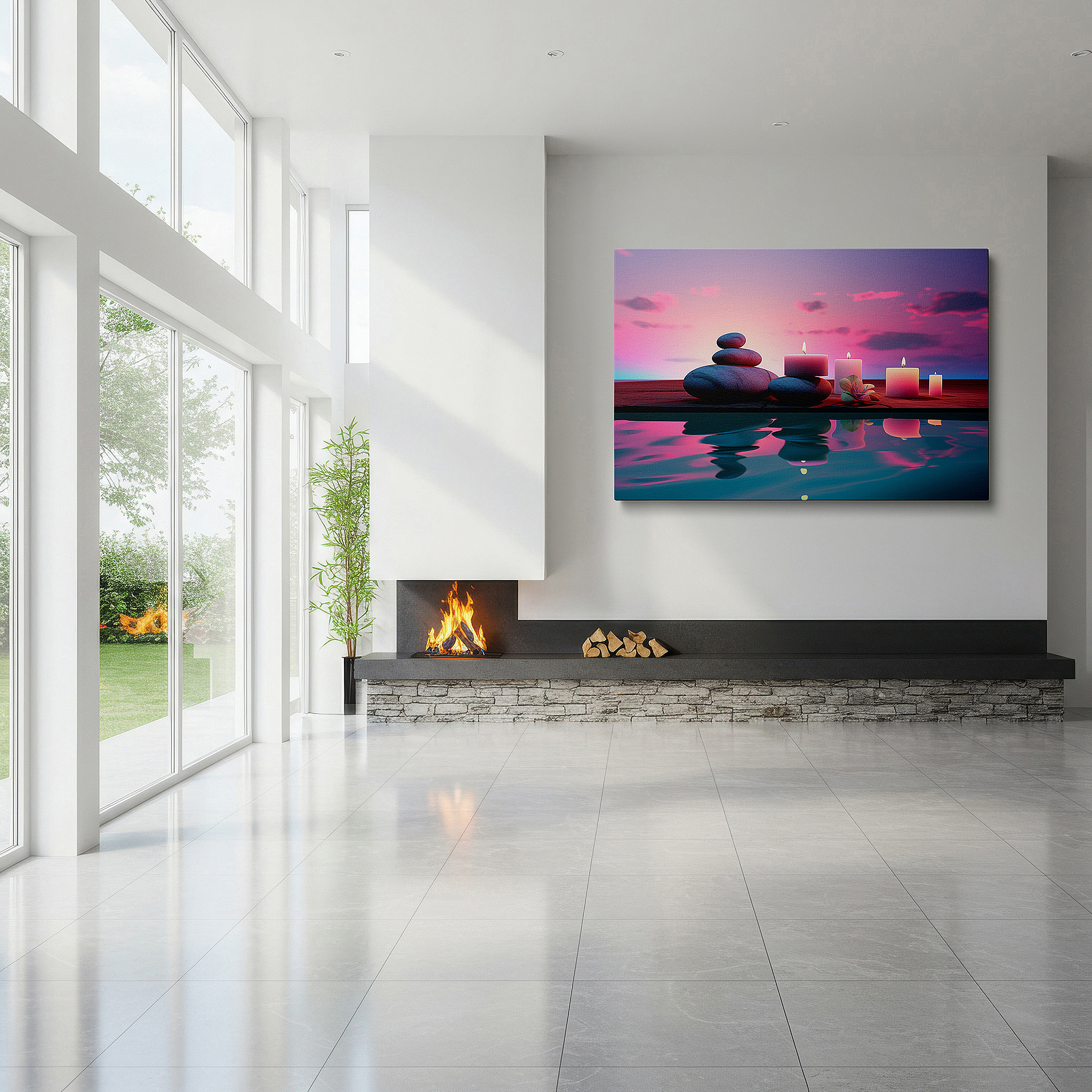 Back view reveals professional finishing and solid wood frame — serene dusk wall art: smooth stones and flickering candles under a vibrant sunset sky - large canvas wall art for office and bedroom decor