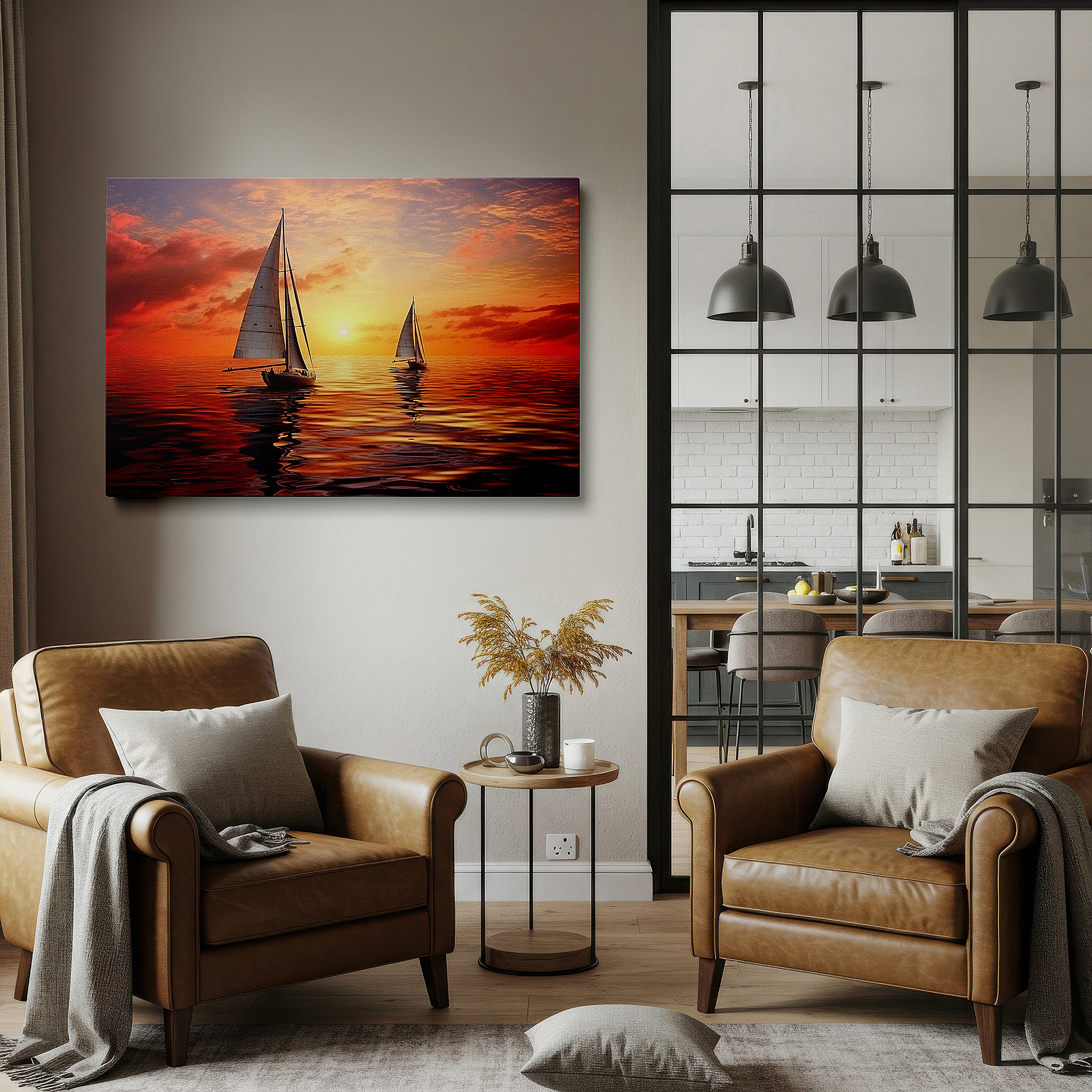 Back view reveals professional finishing and solid wood frame — serene maritime scene with sailboats at sunset - large canvas wall art for office, bedroom, and living room decor