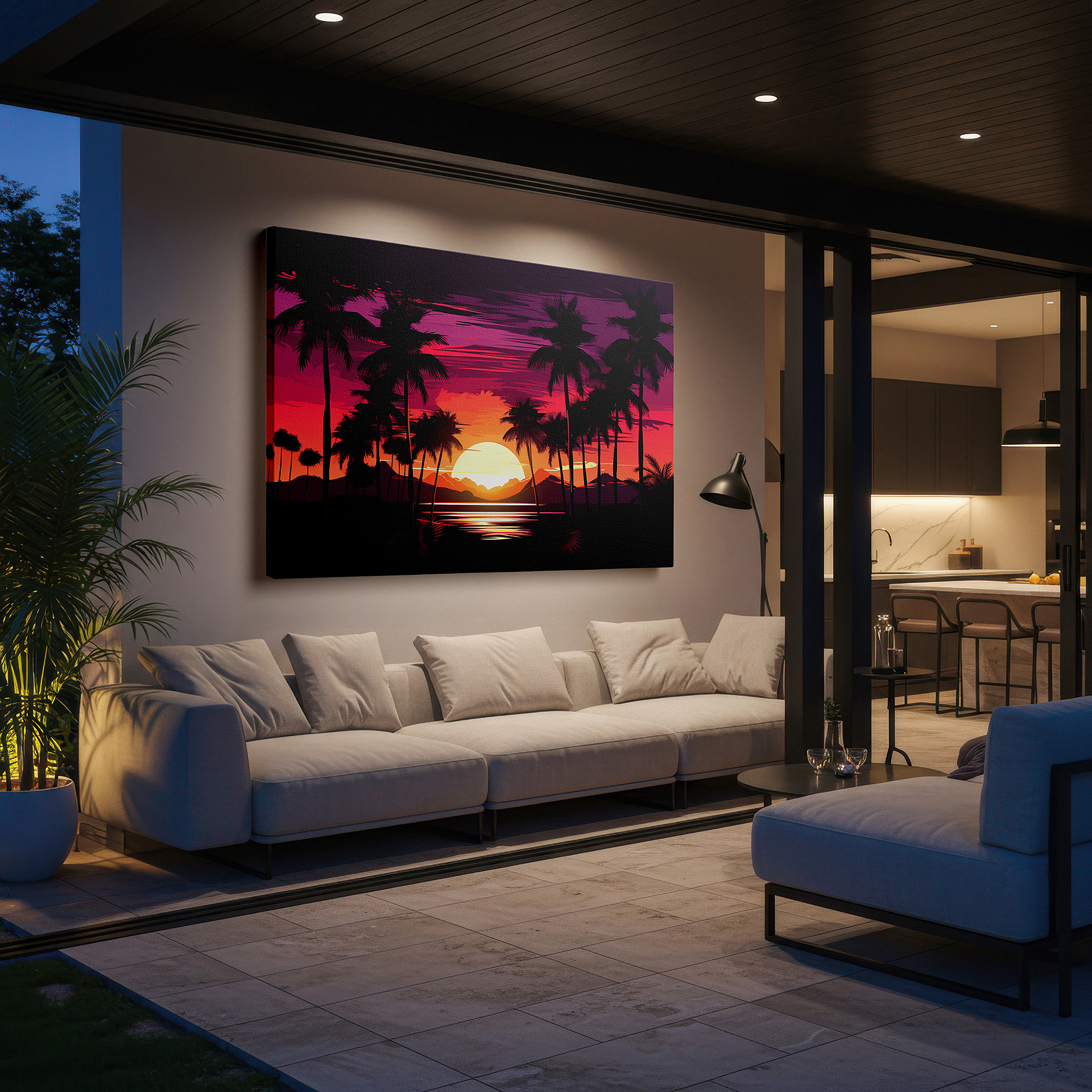 Back view reveals professional finishing and solid wood frame — serene sunset canvas featuring silhouetted palm trees and ocean horizon - large wall art for office, bedroom, and living room decor