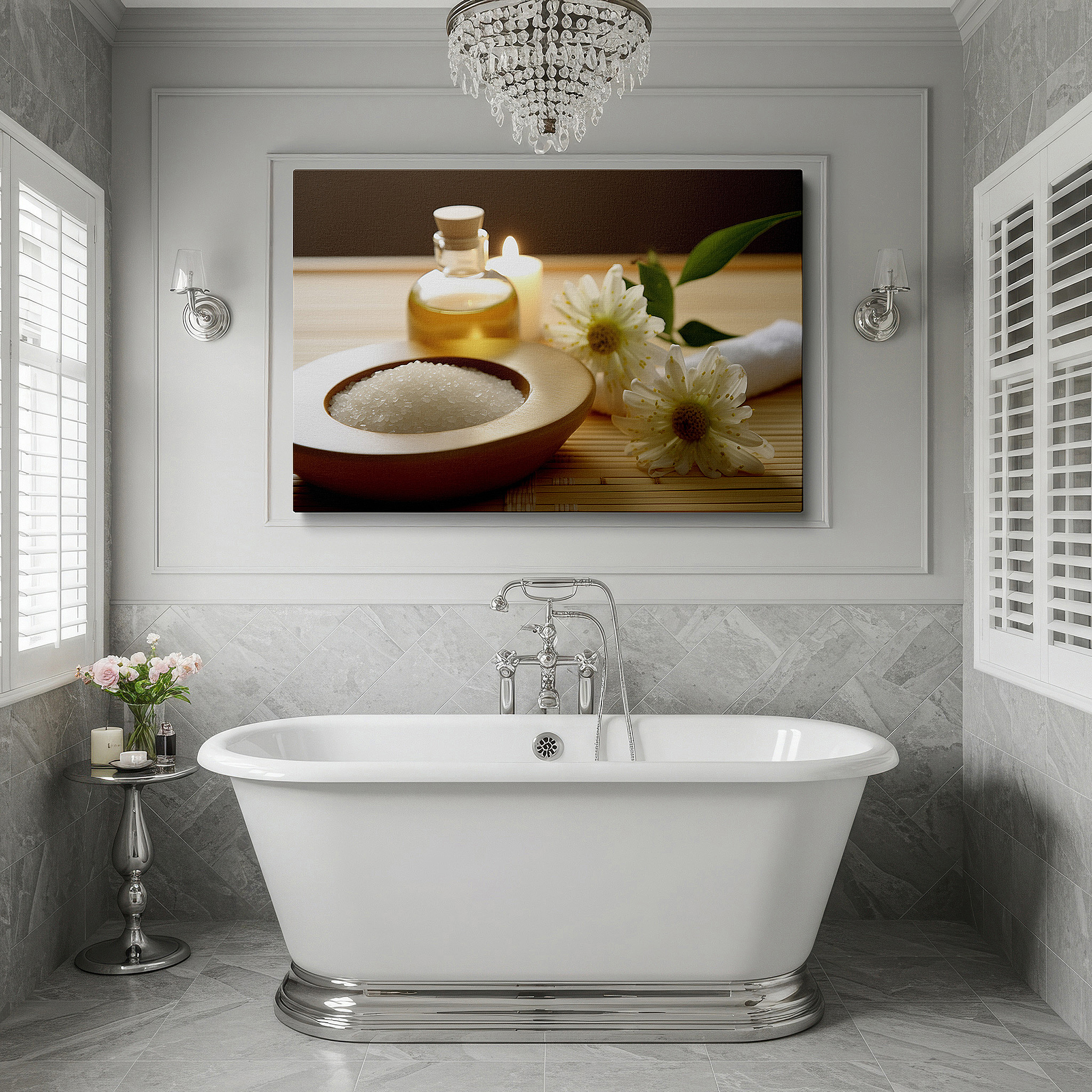 Back view reveals professional finishing and solid wood frame — spa retreat wall art featuring aromatic flowers, essential oils, and bath salts - large canvas art for home and office decor, perfect for bedrooms and living spaces