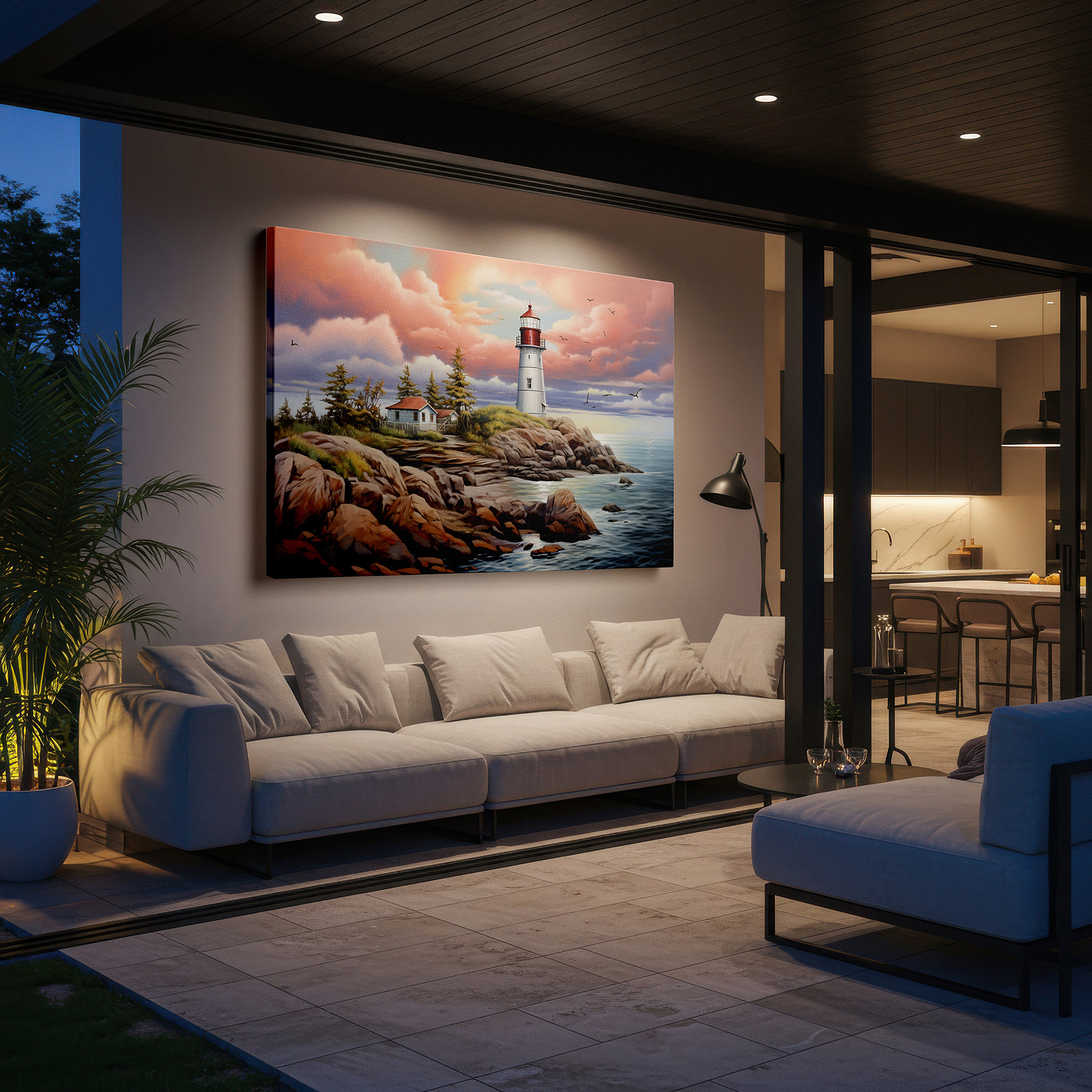 Back view reveals professional finishing and solid wood frame — sunset at the majestic lighthouse: a beacon of hope on the rugged coast - large canvas wall art for office and bedroom decor