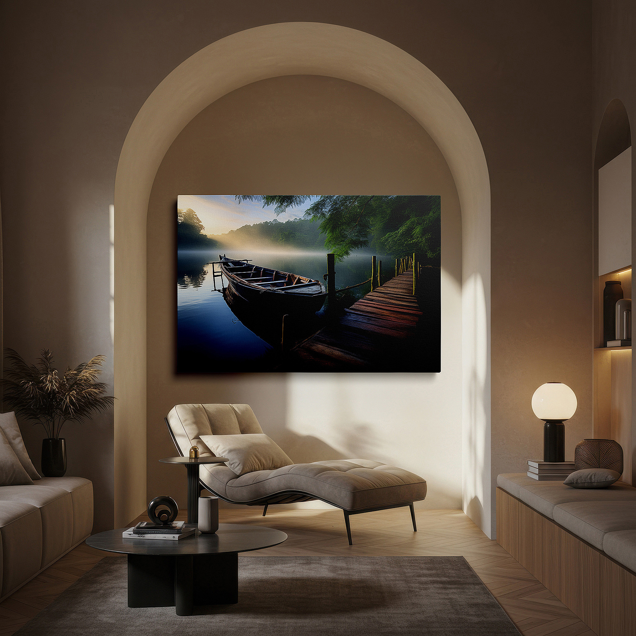 Back view reveals professional finishing and solid wood frame — tranquil dawn and old wooden boat at rustic dock large canvas wall art, perfect for office and bedroom decor