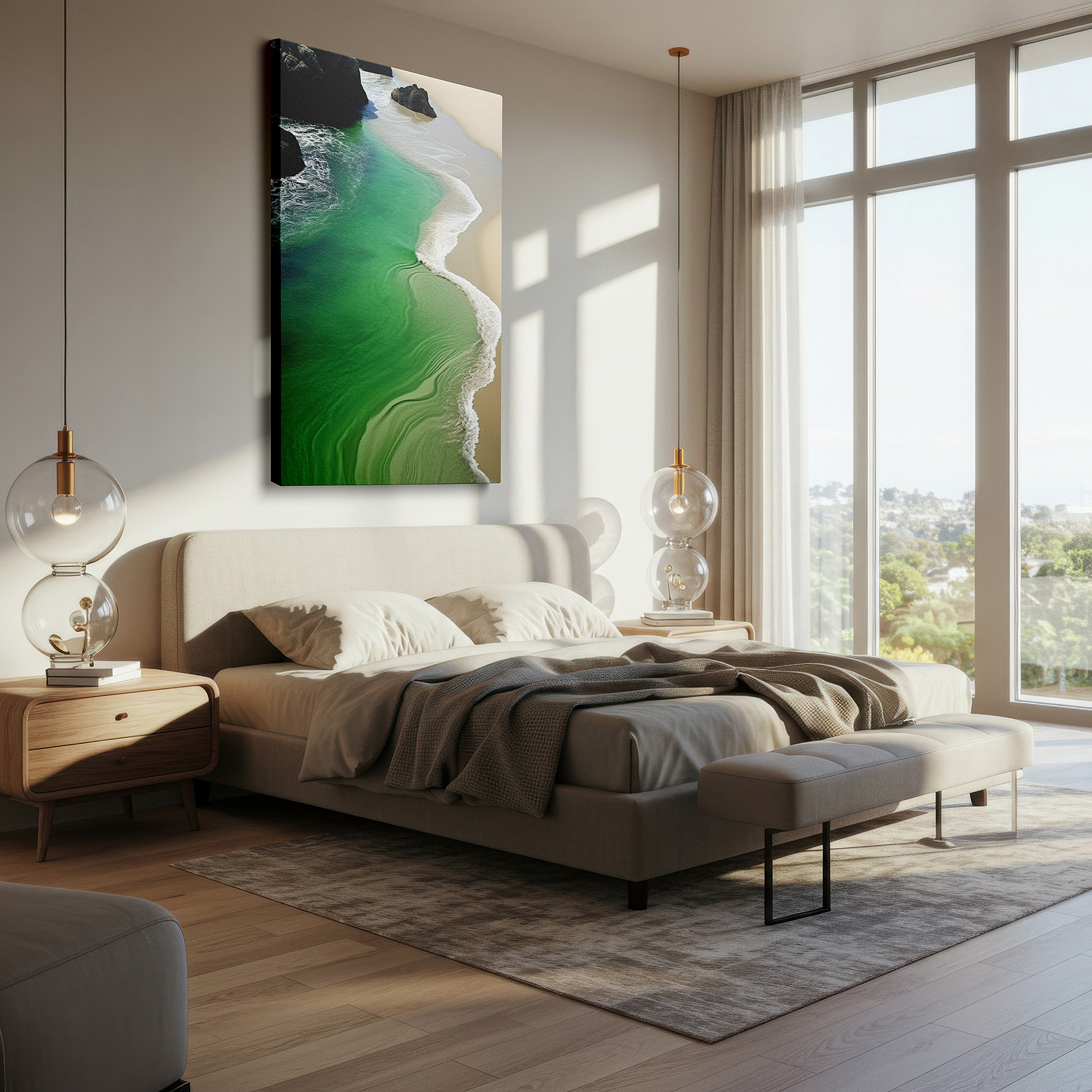 Back view reveals professional finishing and solid wood frame — turquoise waves and sandy shores beneath a golden sky: large canvas wall art for office, bedroom, and living room decor