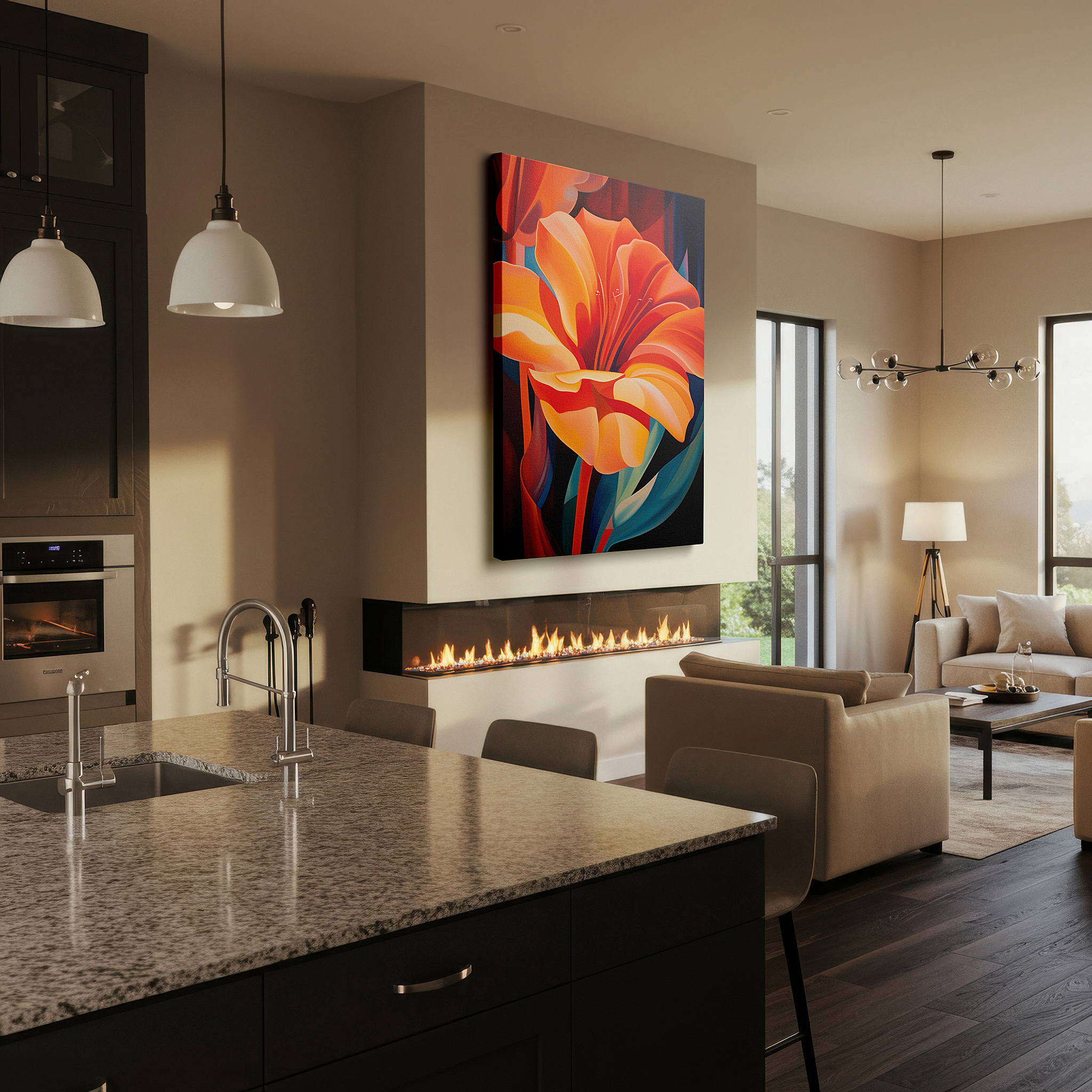 Back view reveals professional finishing and solid wood frame — vibrant orange abstract flower large canvas wall art, perfect for office and bedroom decor