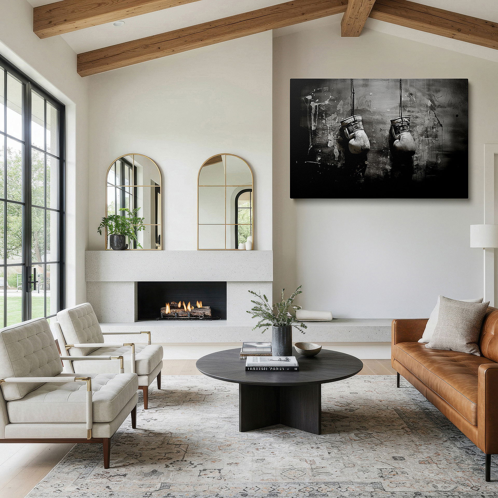 Back view reveals professional finishing and solid wood frame — vintage black and white boxing gloves large wall art, timeless boxing legacy canvas, office and bedroom wall decor