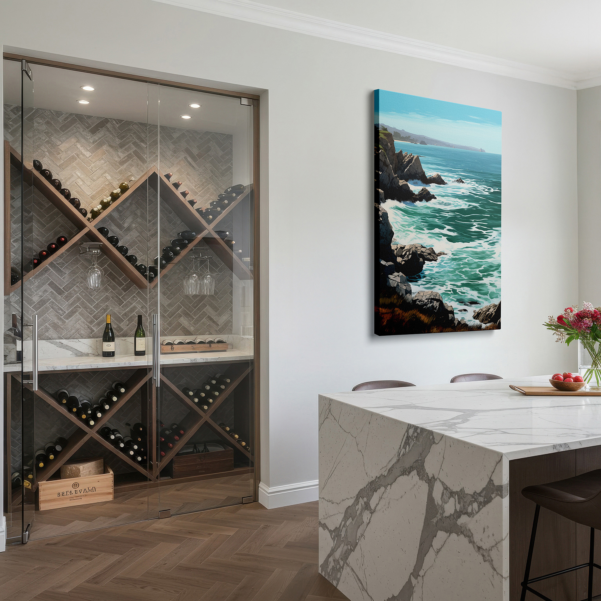 Back view reveals professional finishing and solid wood frame — vivid ocean waves crashing on rugged rocks large canvas wall art for office and bedroom decor