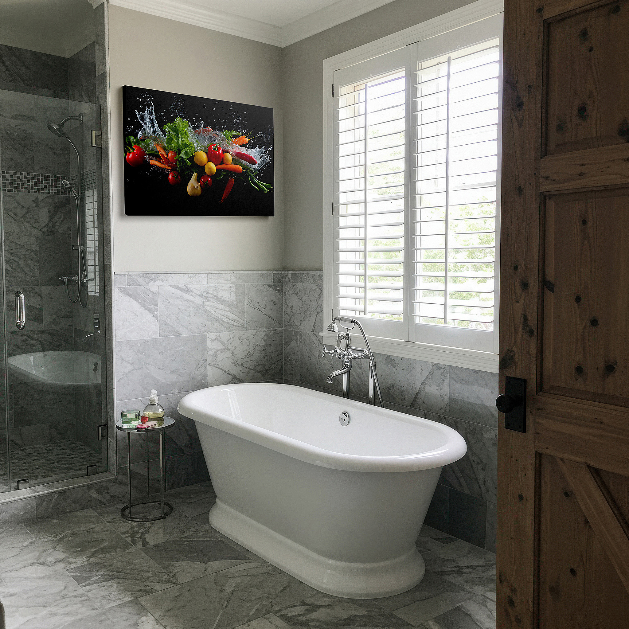 Back view reveals professional finishing and solid wood frame — wall art: celebrating freshness with vibrant vegetables and sparkling water droplets - large canvas wall art for office and bedroom decor