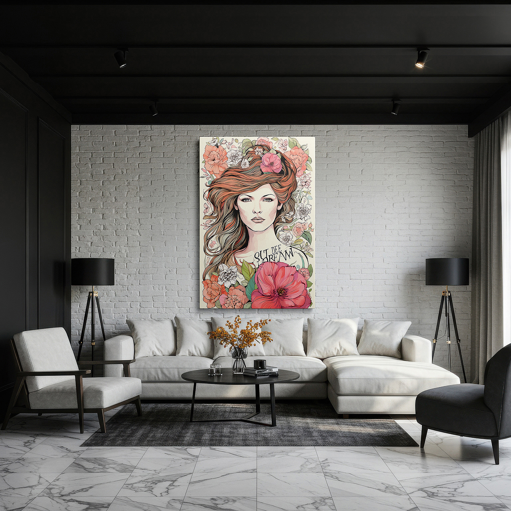 Back view reveals professional finishing and solid wood frame — wall art: commanding presence and serenity in a woman's look surrounded by bright floral arrangement - large canvas wall art for office and bedroom decor