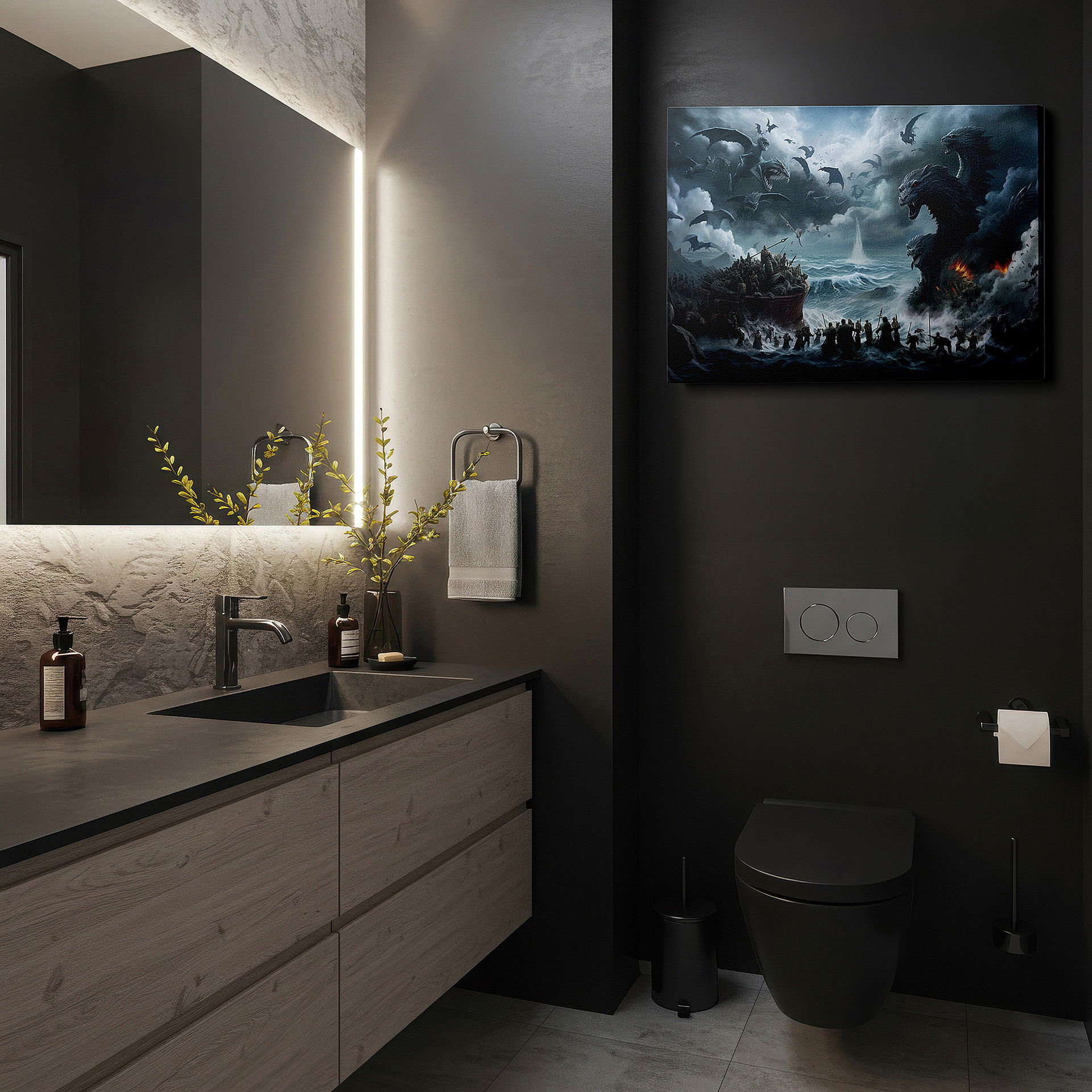 Back view reveals professional finishing and solid wood frame — wall art: dramatic stormy seascape featuring mythical sea