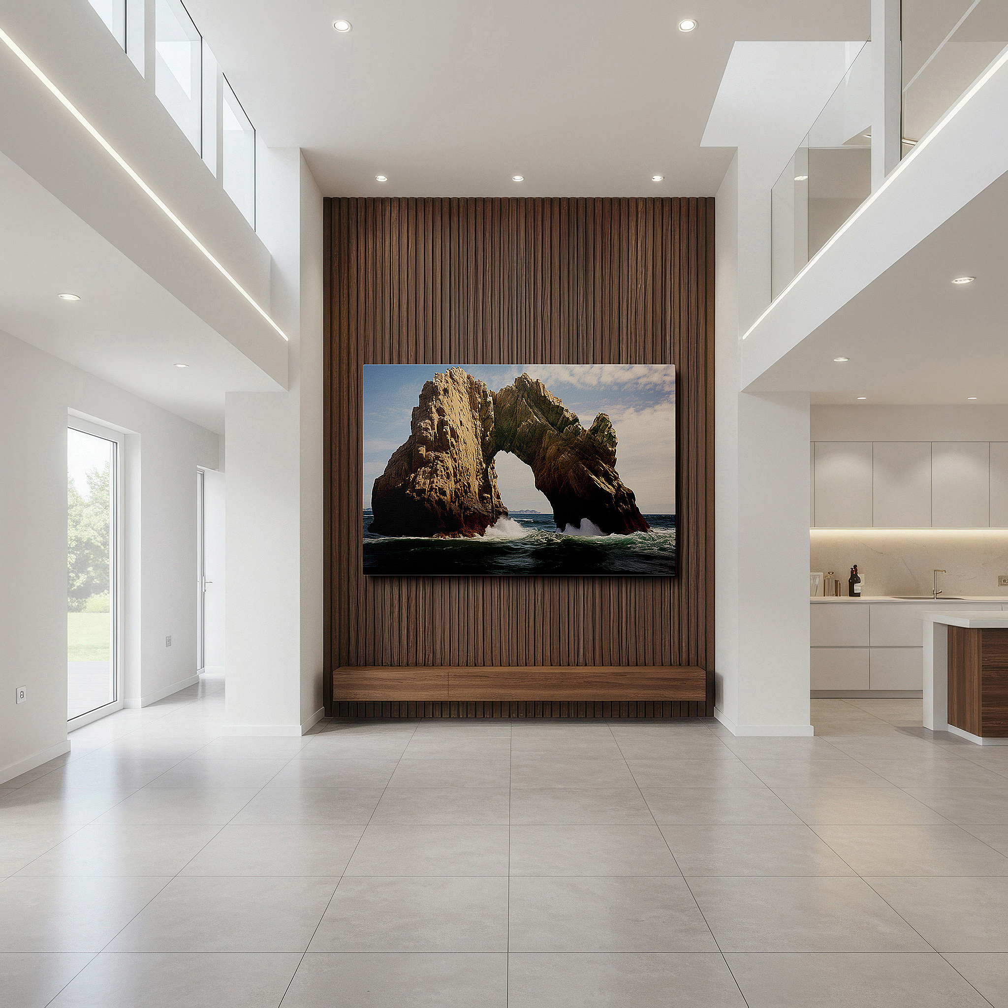 Back view reveals professional finishing and solid wood frame — wall art: majestic arch and crashing waves - a symphony of light and nature's power. large canvas wall art for home and office decor.