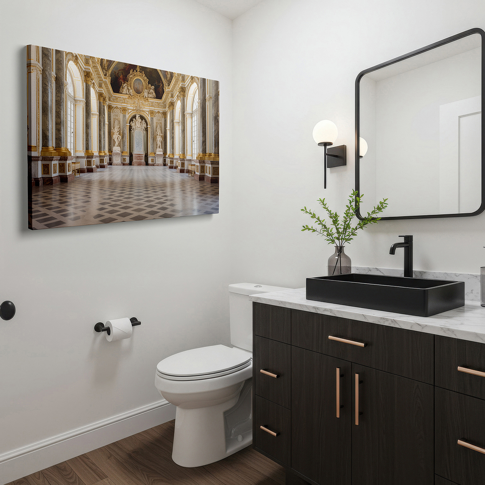 Back view reveals professional finishing and solid wood frame — wall art: majestic hall of timeless elegance - a masterpiece of architectural grandeur and artistic brilliance. large canvas wall art decor.
