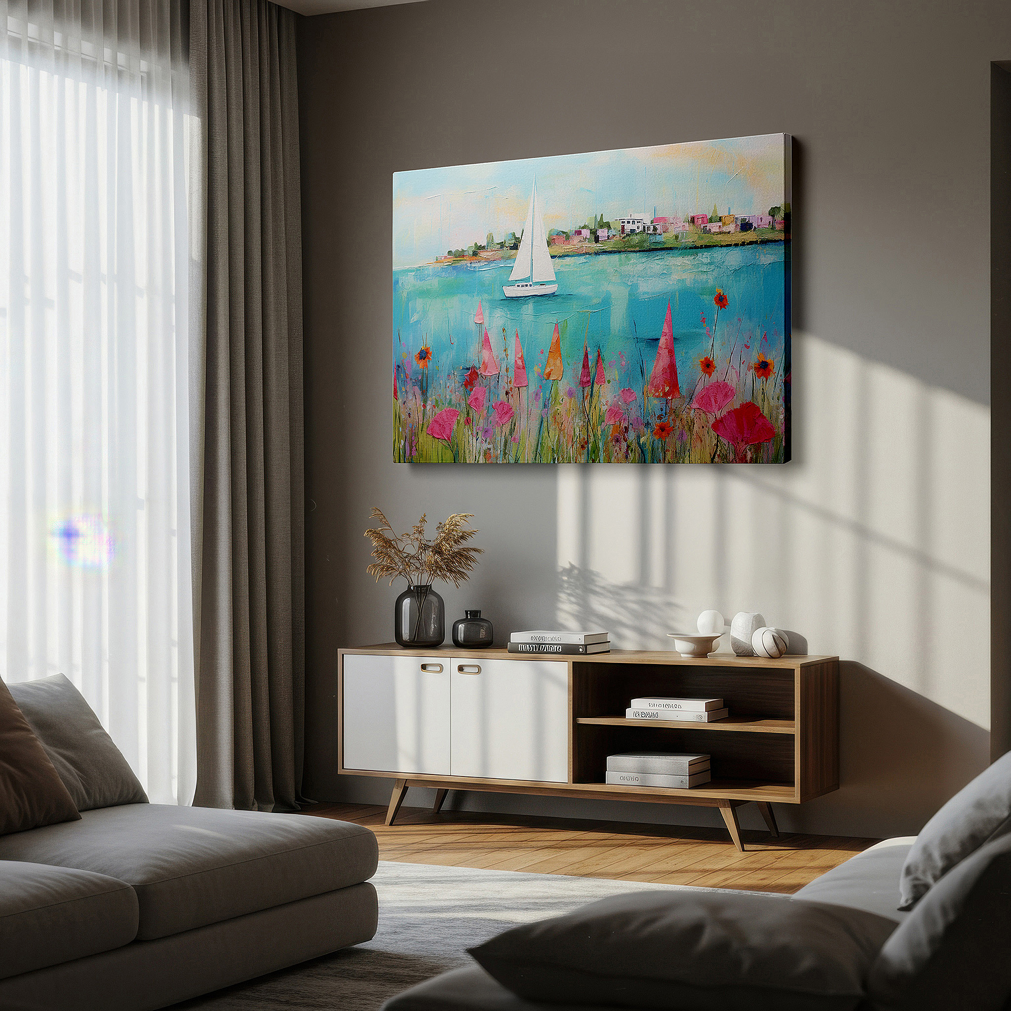 Back view reveals professional finishing and solid wood frame — wall art: serene coastal scene featuring vibrant florals and a tranquil sailboat - large canvas wall art for office, bedroom, and living room decor