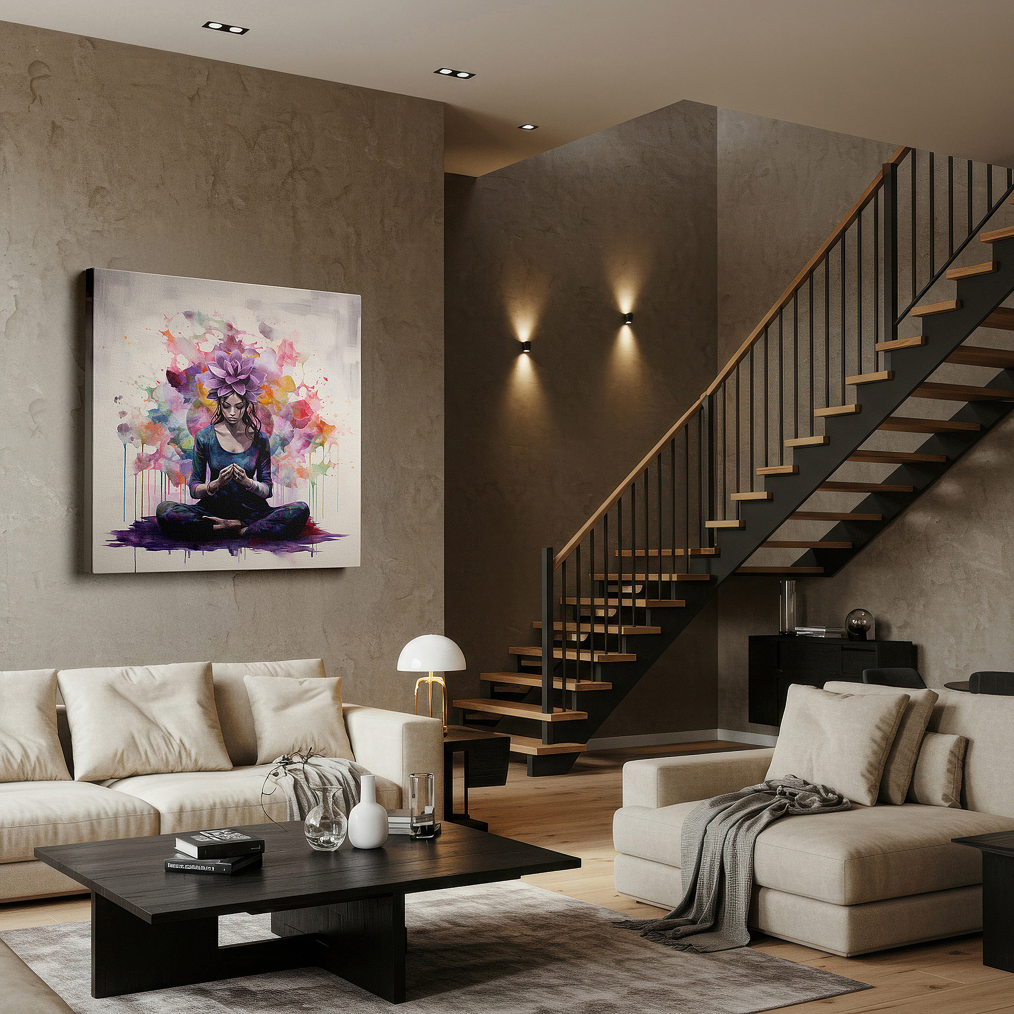 Back view reveals professional finishing and solid wood frame — wall art: tranquil meditation with lotus - a centerpiece for spiritual awakening and peaceful reflection. large canvas wall art decor for office walls.