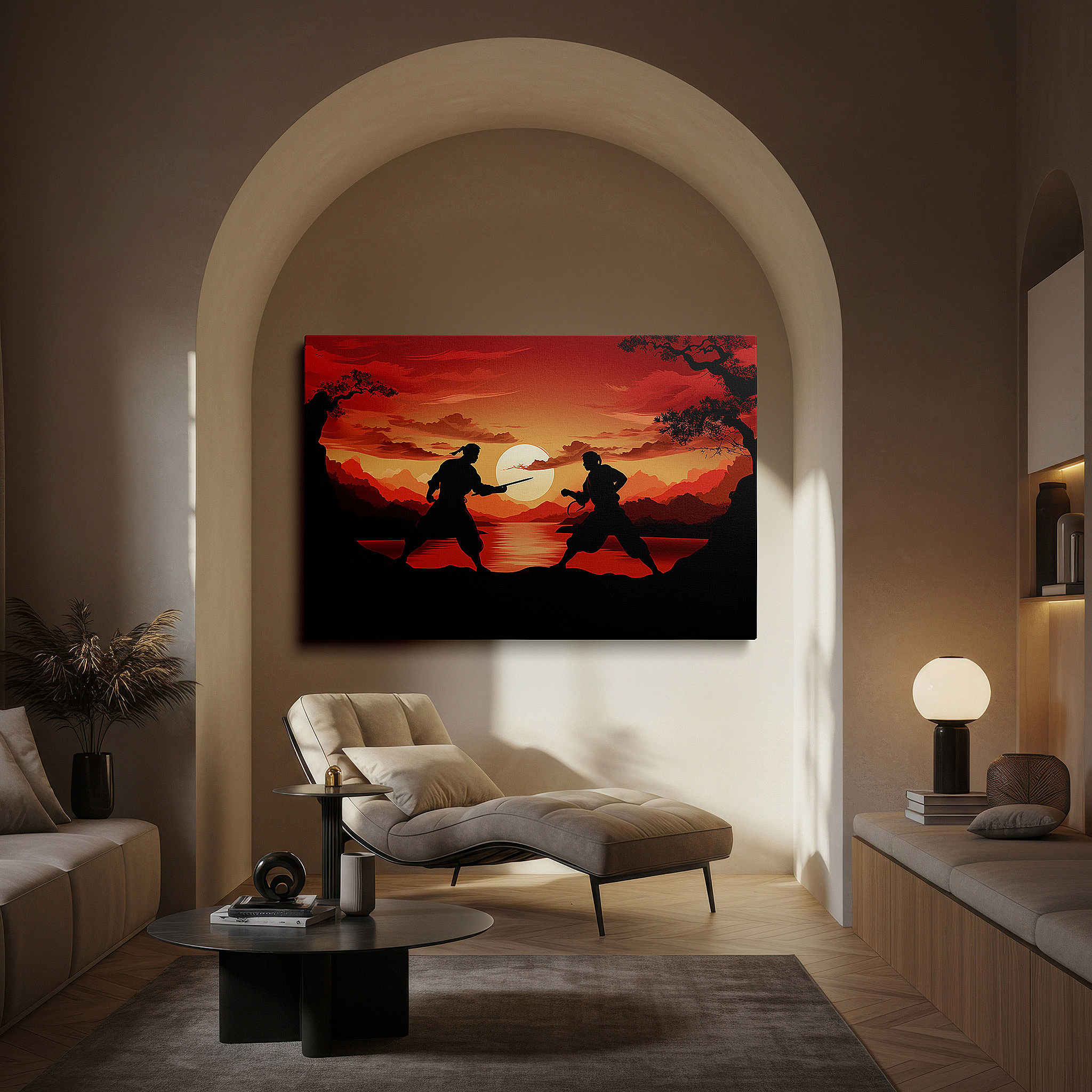Back view reveals professional finishing and solid wood frame — wall decor: tranquil nature and dynamic martial arts duel, large canvas art for home decor