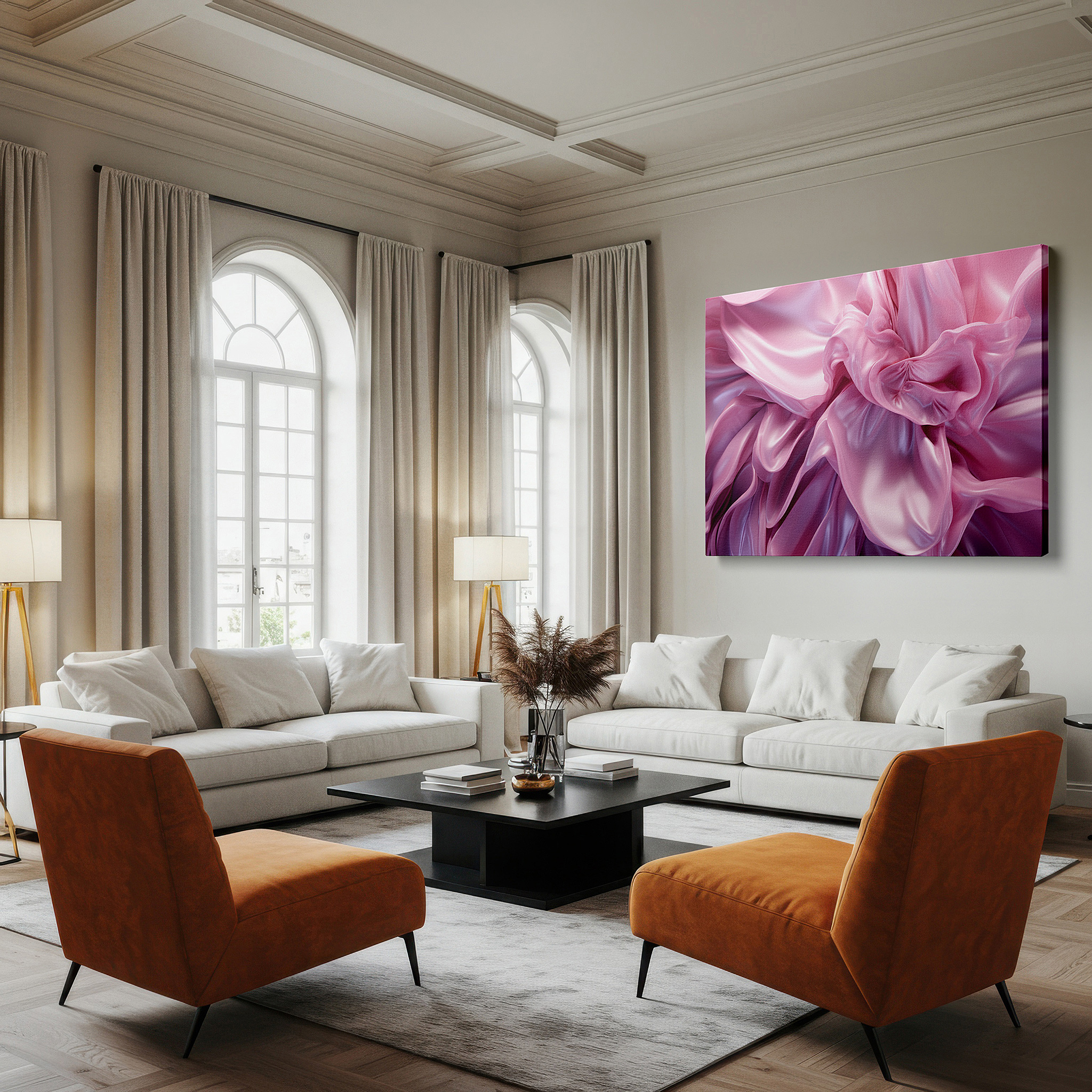 Balanced between two tall indoor plants near a window — abstract pink fabric waves: a masterpiece of texture and movement - large canvas wall art for office and bedroom decor