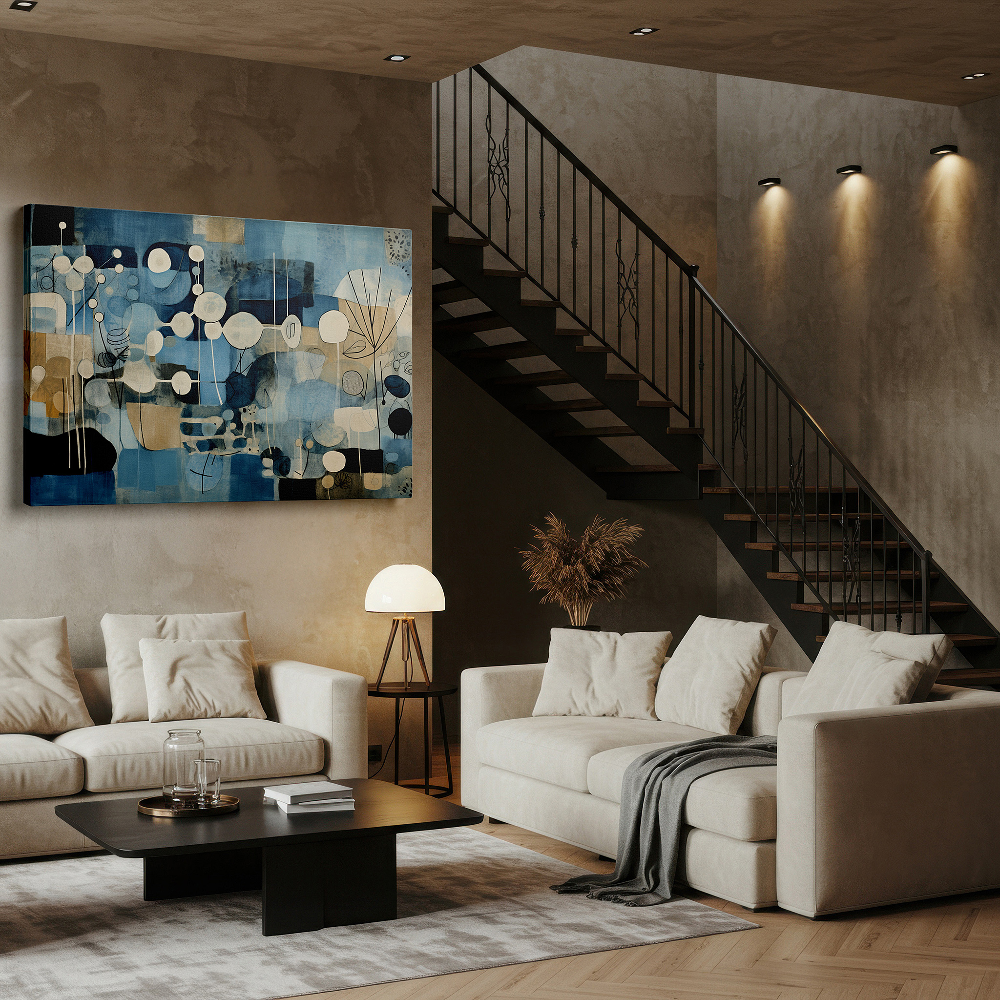 Balanced between two tall indoor plants near a window — abstract symphony in blue: ocean and sky, large canvas wall art for home and office decor