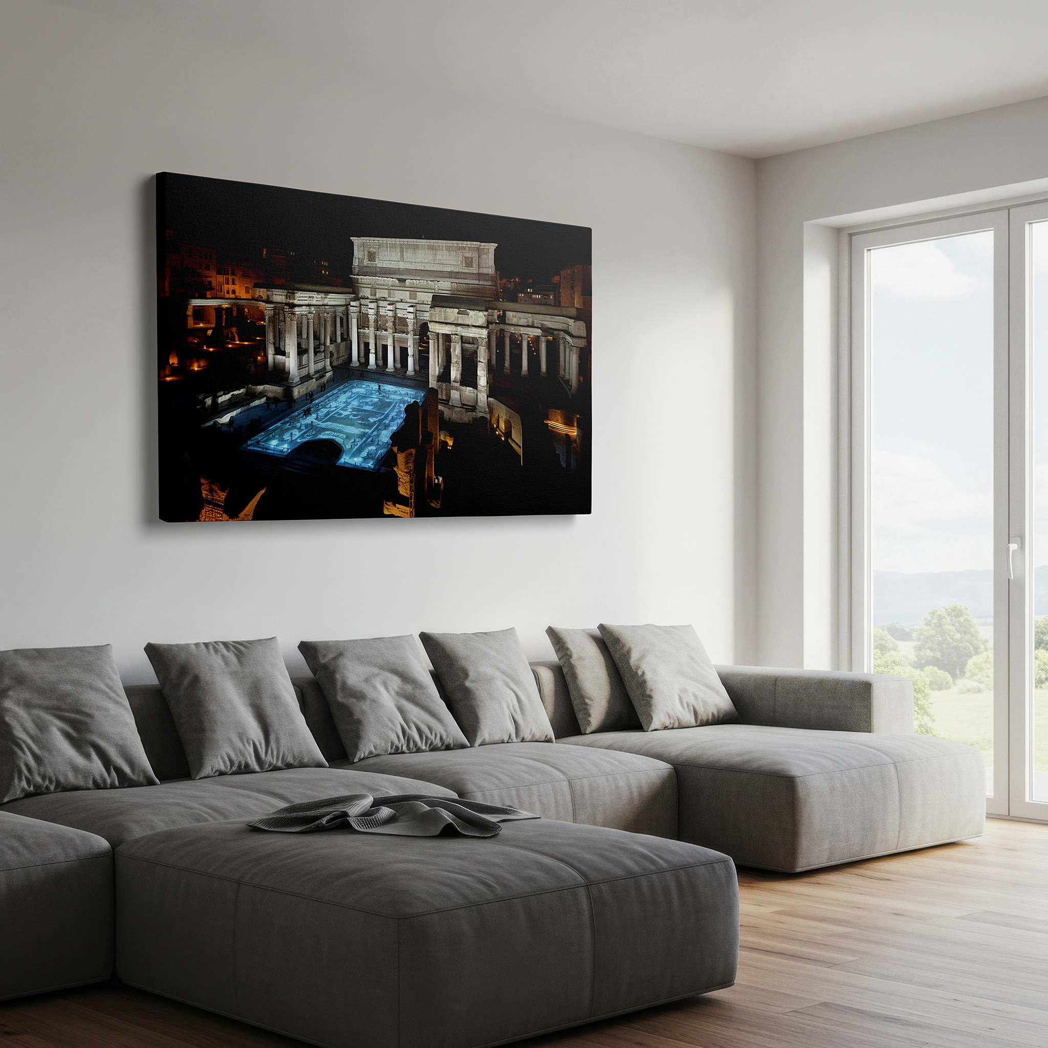 Balanced between two tall indoor plants near a window — ancient echoes in modern lights: blending historical grandeur with contemporary technology - large wall art, canvas wall art, wall decor