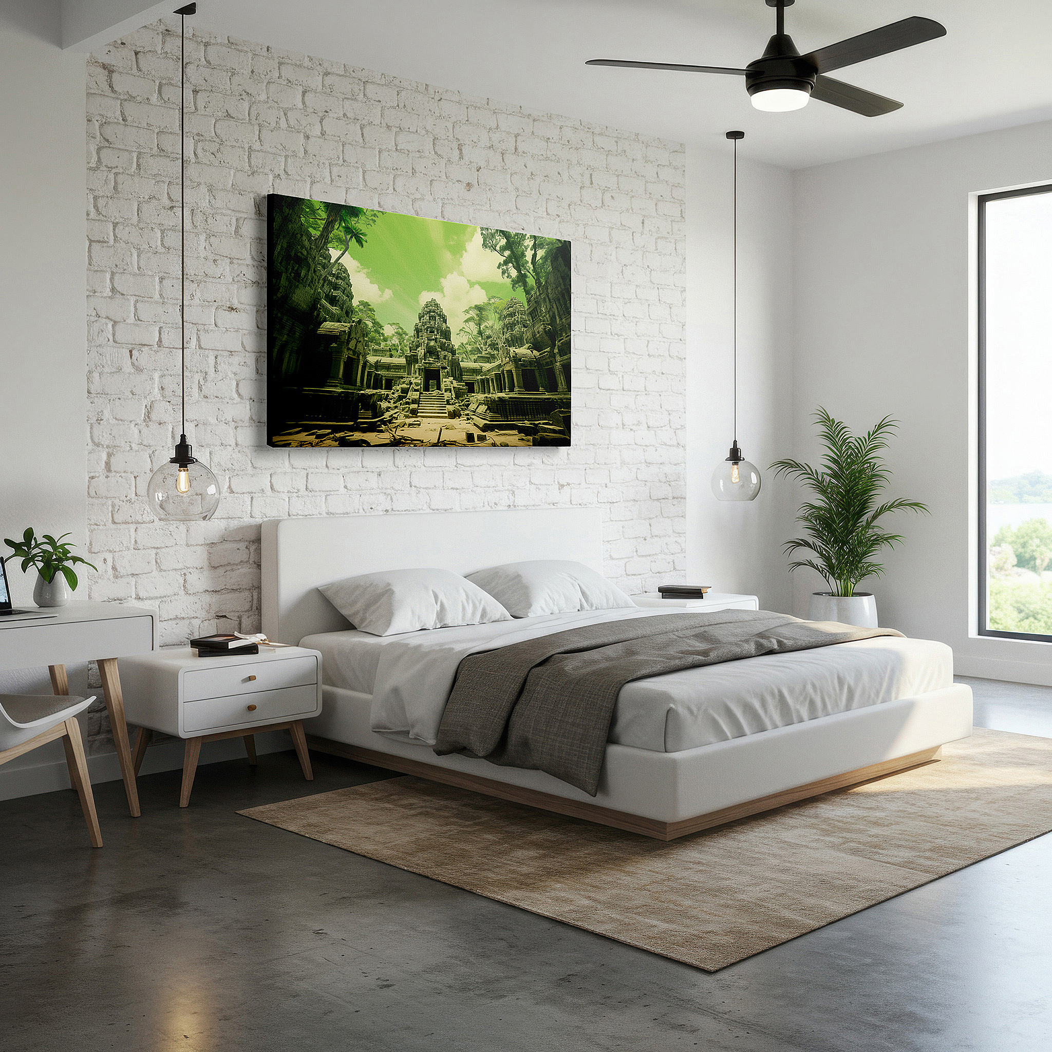 Balanced between two tall indoor plants near a window — ancient ruins surrounded by dense jungle: a tribute to time and the resilience of nature - large canvas wall art for office decor