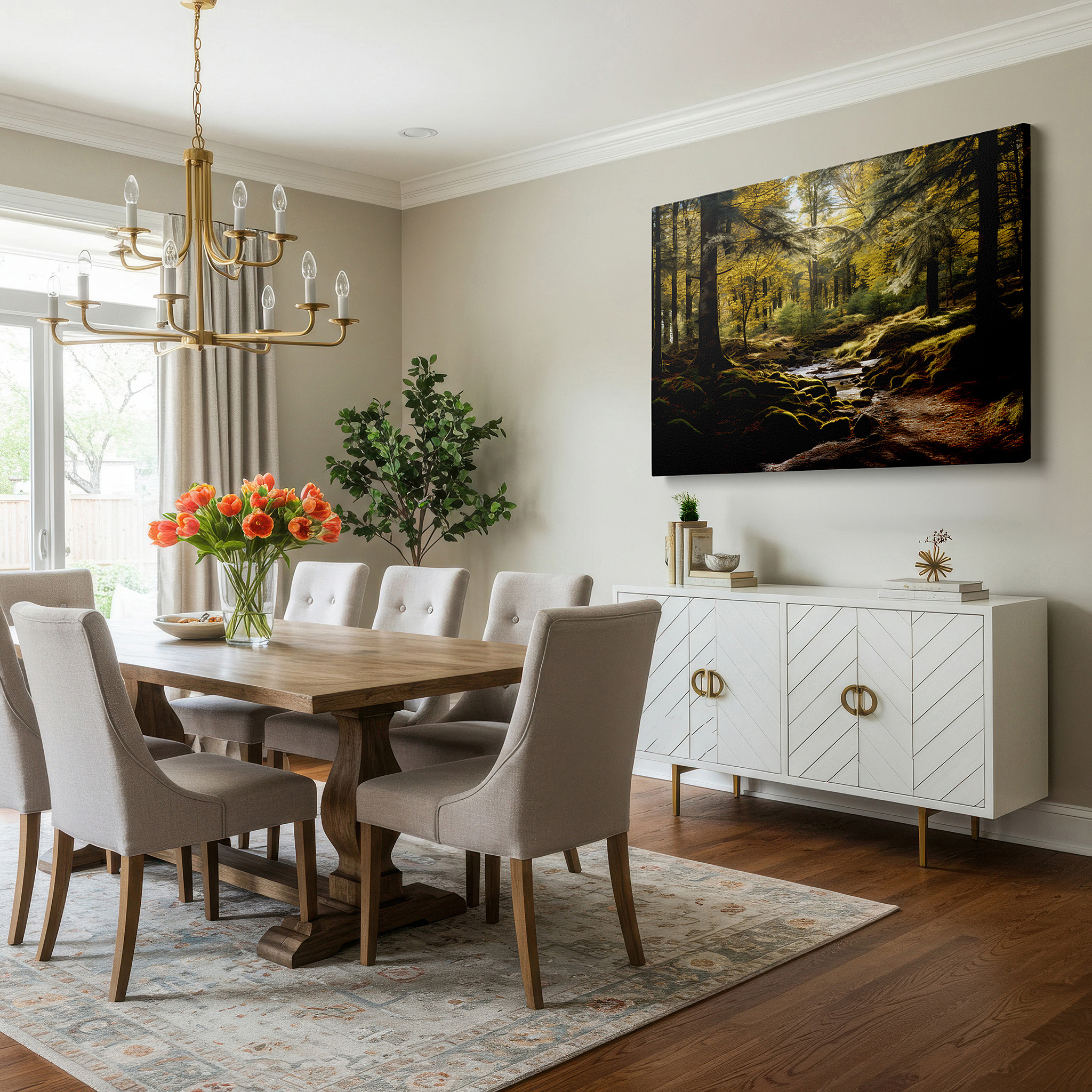 Balanced between two tall indoor plants near a window — autumn forest enchantment: golden leaves and serene stream - large canvas wall art for office and bedroom decor