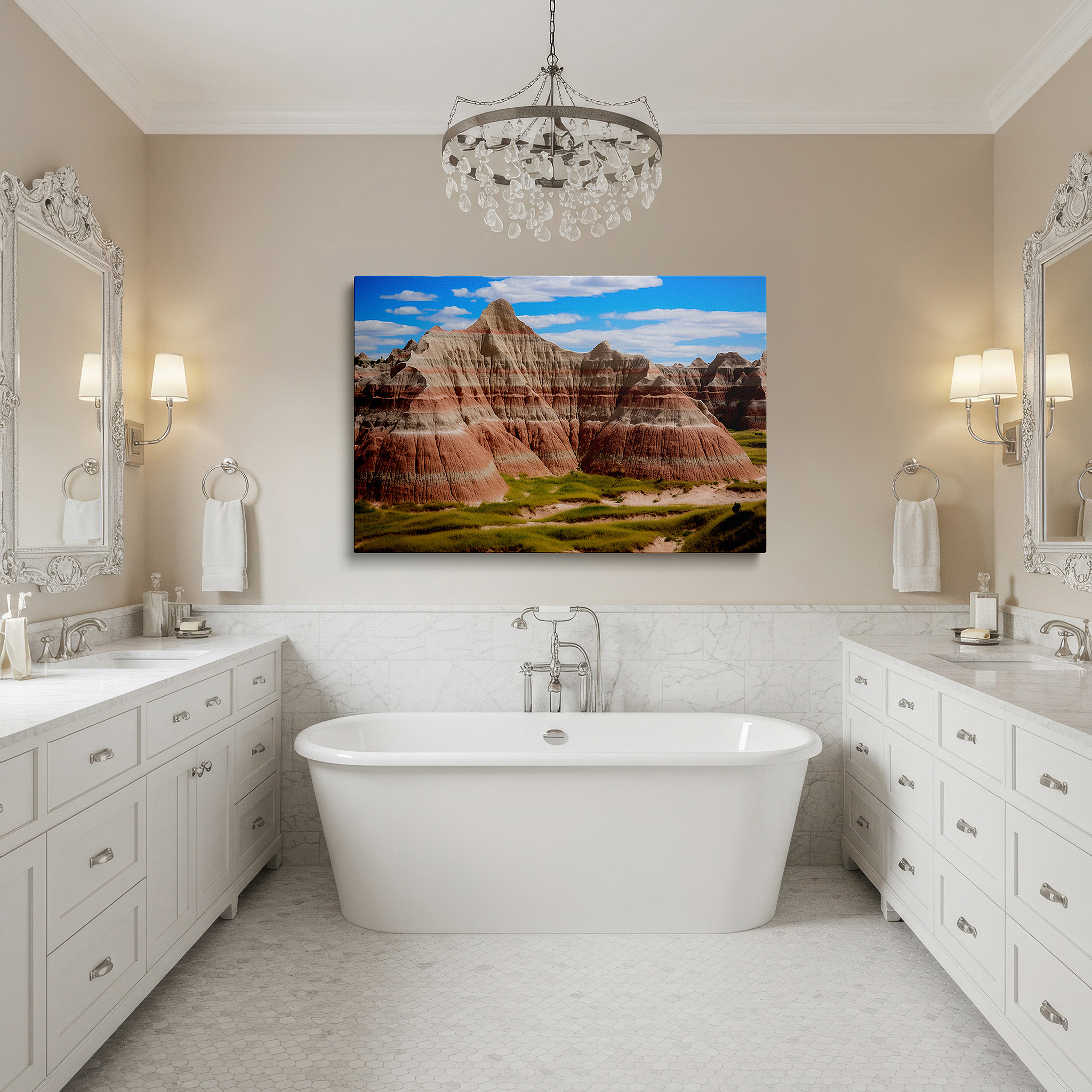 Balanced between two tall indoor plants near a window — badlands national park majestic peaks and striped formations large wall art, canvas wall art, wall decor for office, bedroom, and living room