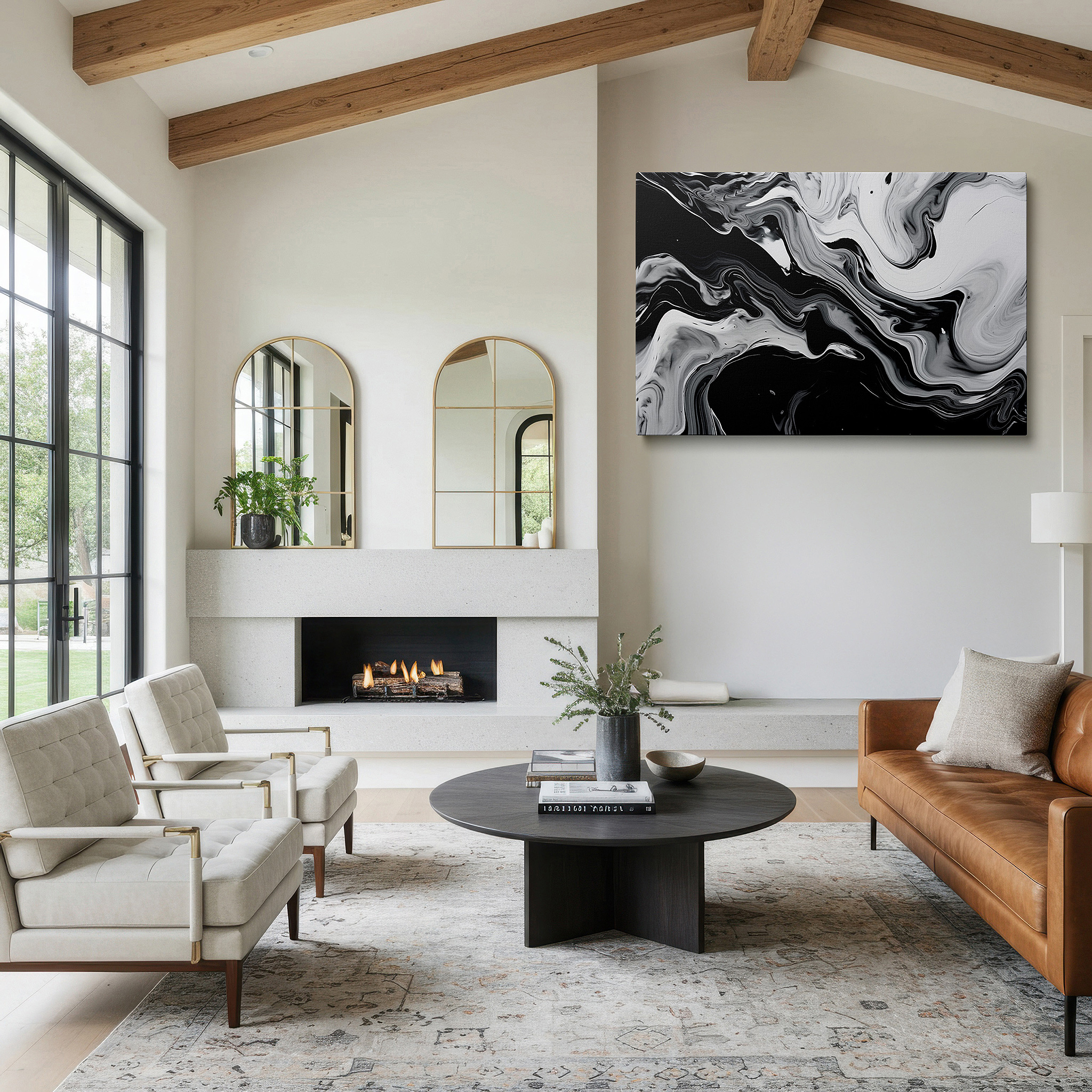 Balanced between two tall indoor plants near a window — black and white large wall art: a dance of chaos and harmony, perfect for office, bedroom, and living room decor