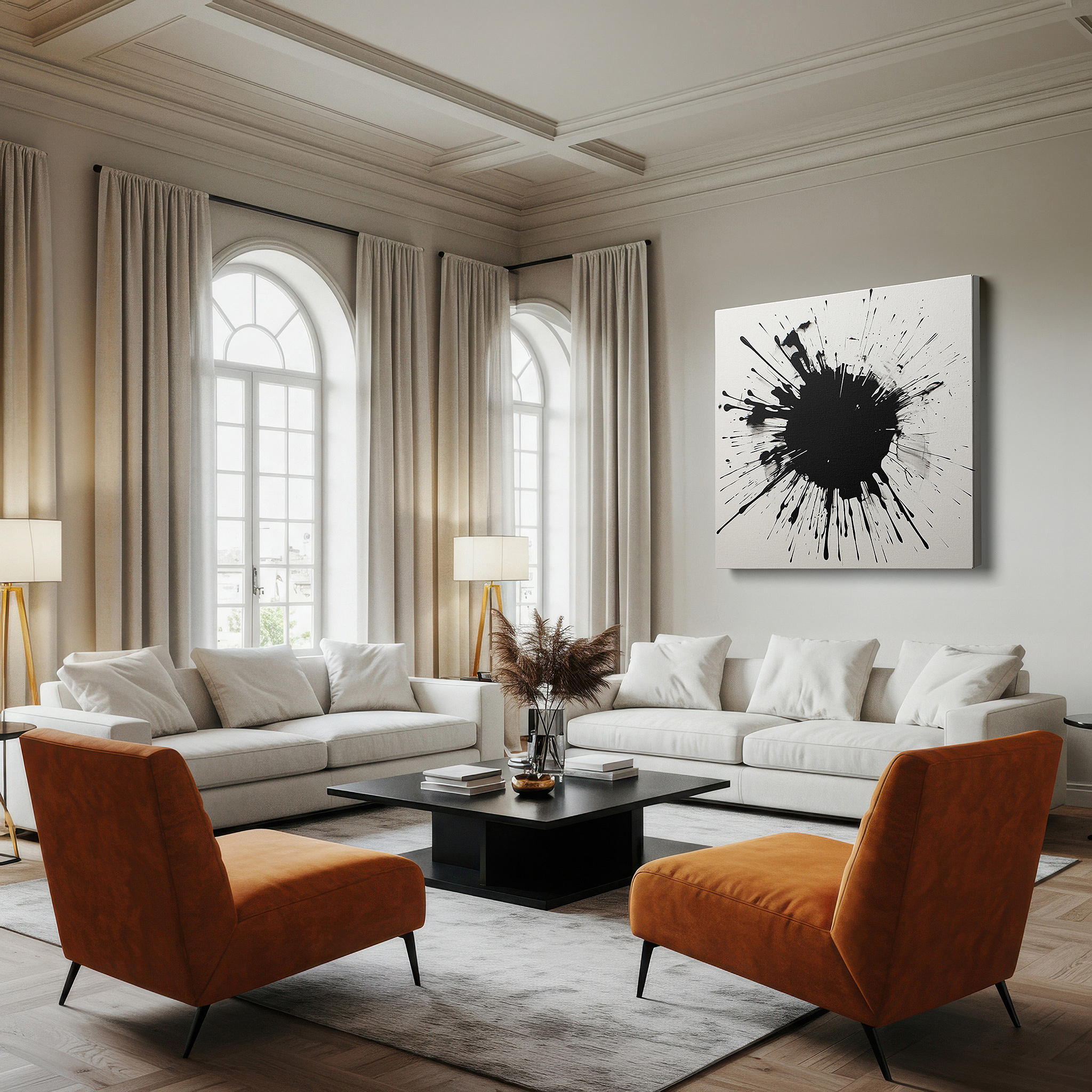Balanced between two tall indoor plants near a window — bold black ink splash on white canvas: exploring abstract expressionism and dynamic contrast - large wall art, canvas wall art, wall decor