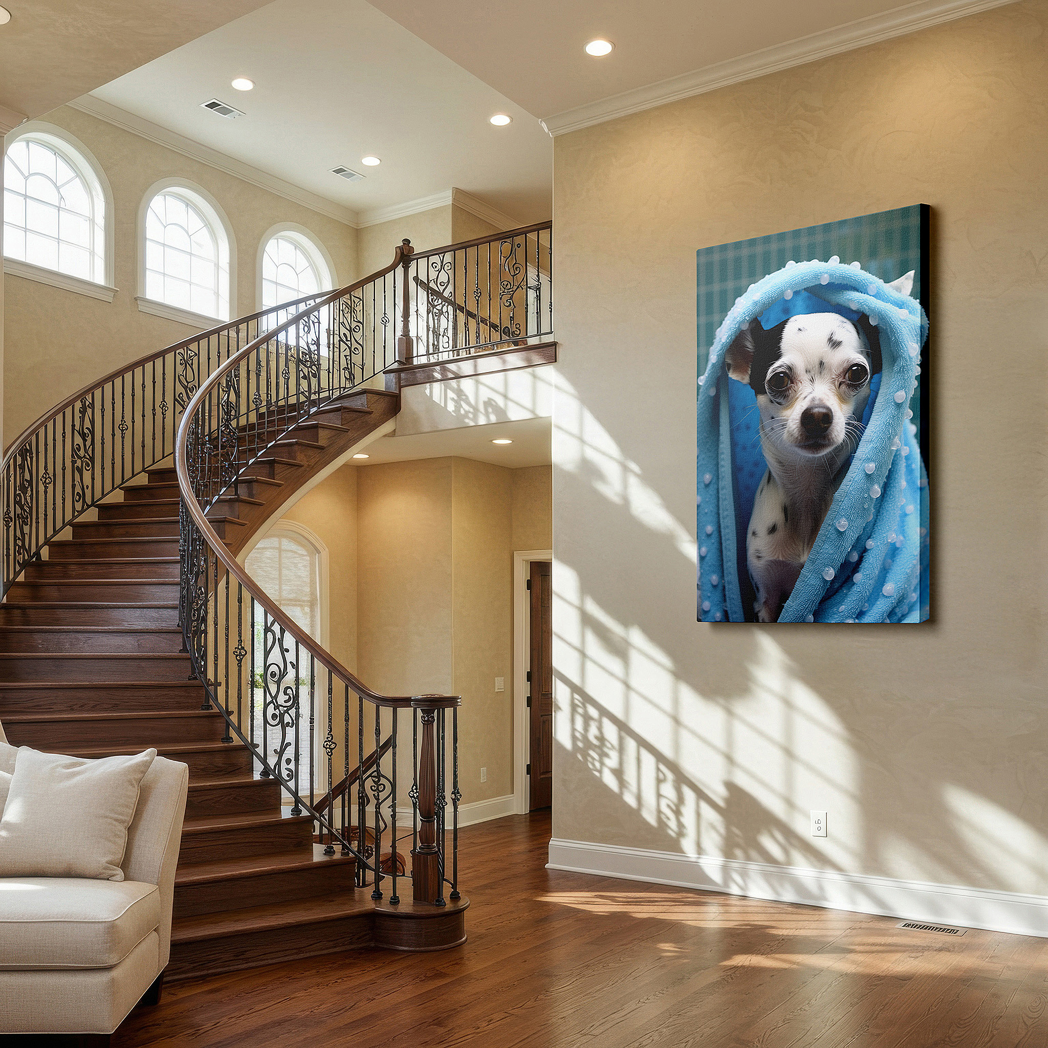 Balanced between two tall indoor plants near a window — chihuahua in a blue towel wall art: cozy and charming large canvas for home and office decor